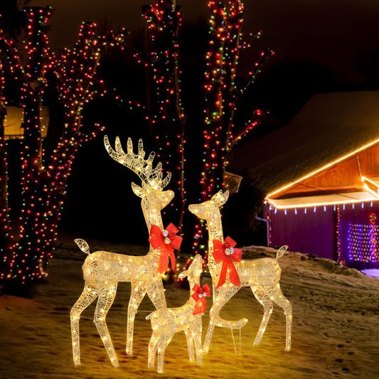 3pcs Decoration Elk Lighted Christmas Reindeer Set Outdoor Yard Decoration LED Lights, Stakes - Golden,Easy to Assemble, Christmas Decorations for Home, Outdoor & Indoor Yard Garden Decor