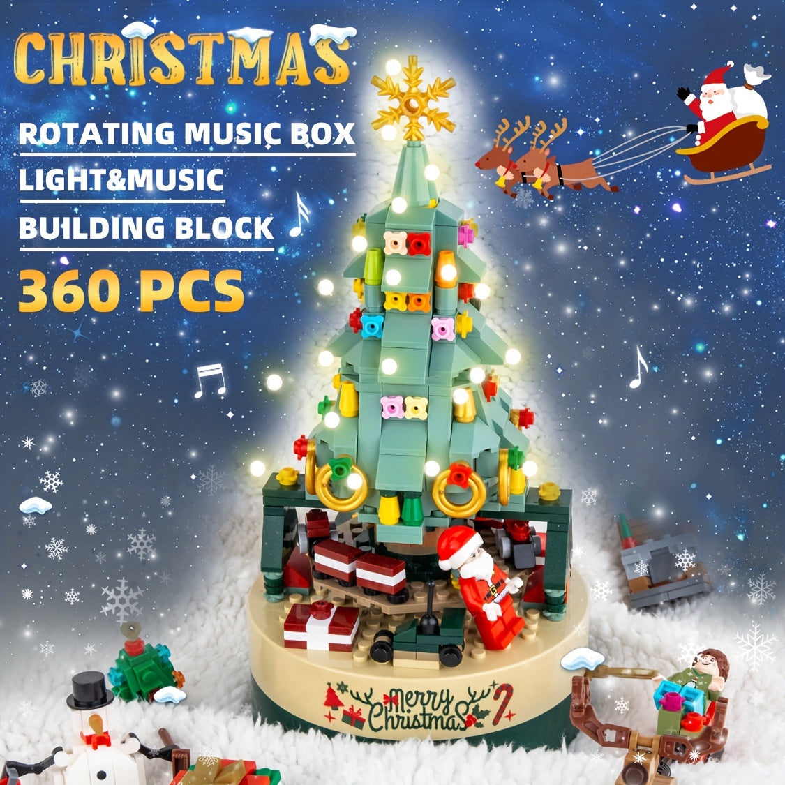 Christmas Tree Building Toy Sets, DIY Building Blocks Music Box With Light, Xmas Holiday Construction Toy Gift For Boys Girls (360PCS)