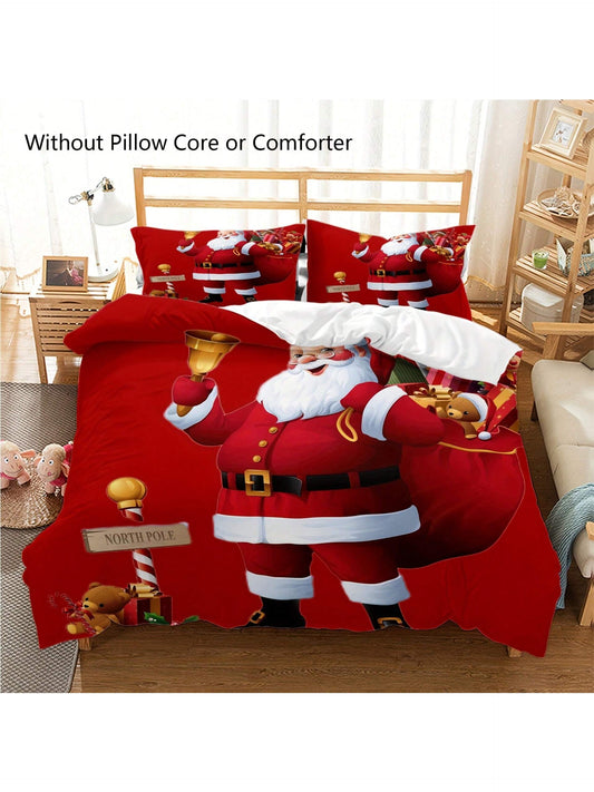 3-Piece Merry Christmas Duvet Cover Queen Size,Farmhouse Santa Claus Snowman Snowflake Tree Pattern Microfiber Bedding Comforter Cover Set (1 Duvet Cover + 2 Pillowcase) Red