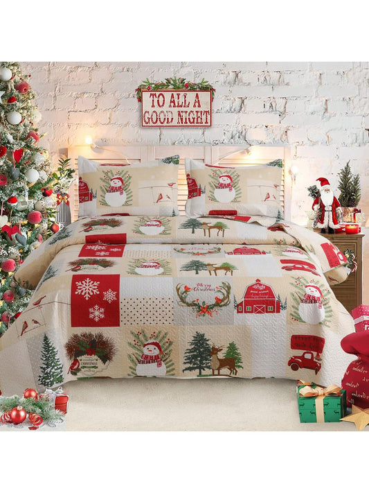 Christmas Quilt Set Twin Full/Queen King Size Xmas Red Beige Plaid Snowman Christmas Car Quilts Lightweight Reversible Bedspread Coverlet Christmas Birds Snowflake Elk Bedding Set Gift for Kids Adults Beige