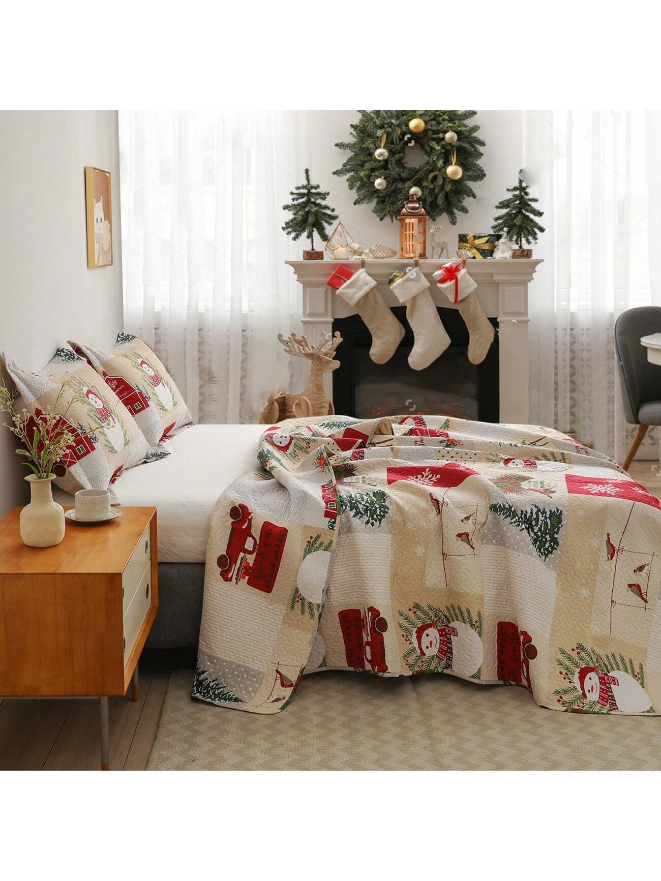 Christmas Quilt Set Twin Full/Queen King Size Xmas Red Beige Plaid Snowman Christmas Car Quilts Lightweight Reversible Bedspread Coverlet Christmas Birds Snowflake Elk Bedding Set Gift for Kids Adults Beige