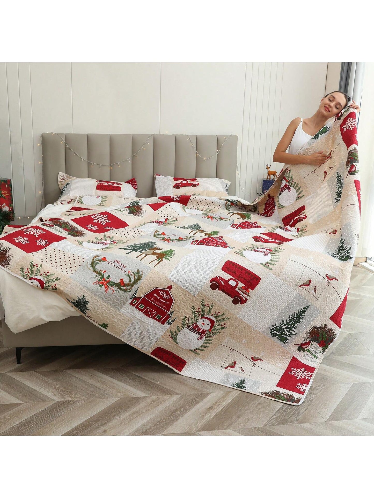 Christmas Quilt Set Twin Full/Queen King Size Xmas Red Beige Plaid Snowman Christmas Car Quilts Lightweight Reversible Bedspread Coverlet Christmas Birds Snowflake Elk Bedding Set Gift for Kids Adults Beige