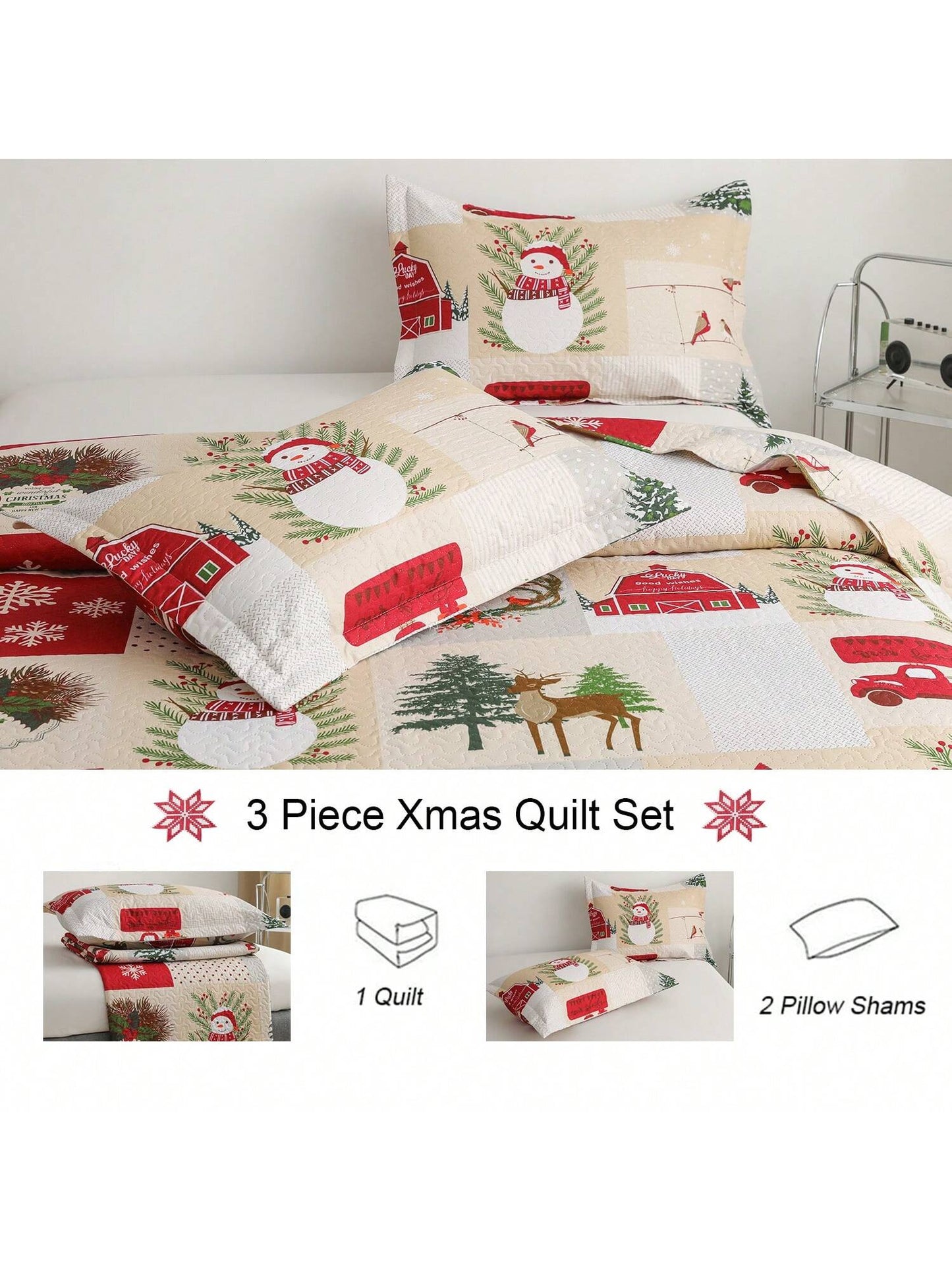 Christmas Quilt Set Twin Full/Queen King Size Xmas Red Beige Plaid Snowman Christmas Car Quilts Lightweight Reversible Bedspread Coverlet Christmas Birds Snowflake Elk Bedding Set Gift for Kids Adults Beige