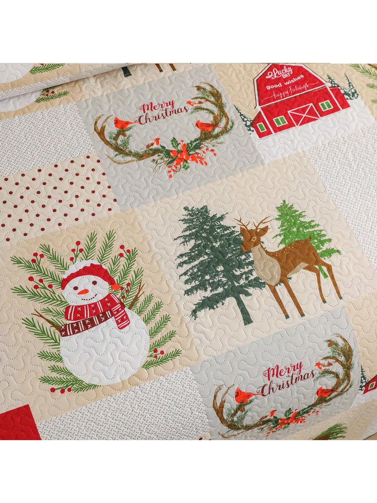 Christmas Quilt Set Twin Full/Queen King Size Xmas Red Beige Plaid Snowman Christmas Car Quilts Lightweight Reversible Bedspread Coverlet Christmas Birds Snowflake Elk Bedding Set Gift for Kids Adults Beige