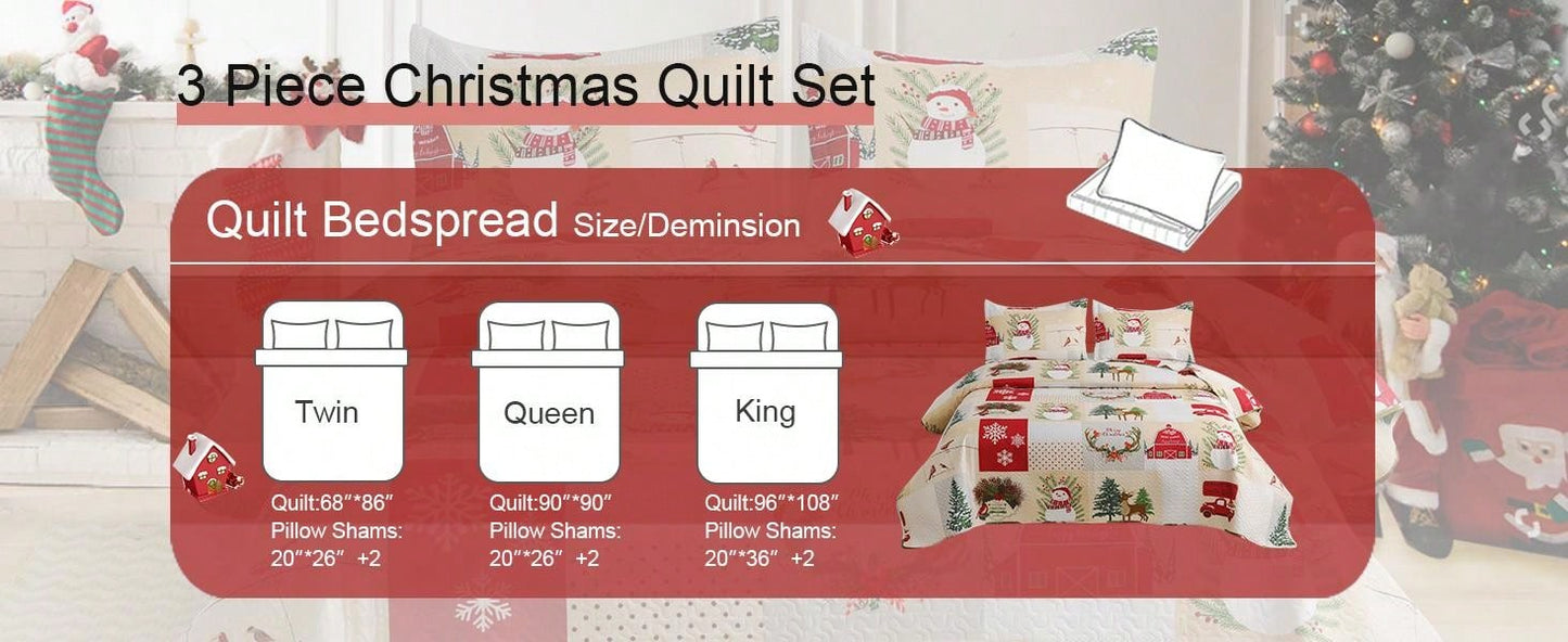 Christmas Quilt Set Twin Full/Queen King Size Xmas Red Beige Plaid Snowman Christmas Car Quilts Lightweight Reversible Bedspread Coverlet Christmas Birds Snowflake Elk Bedding Set Gift for Kids Adults Beige