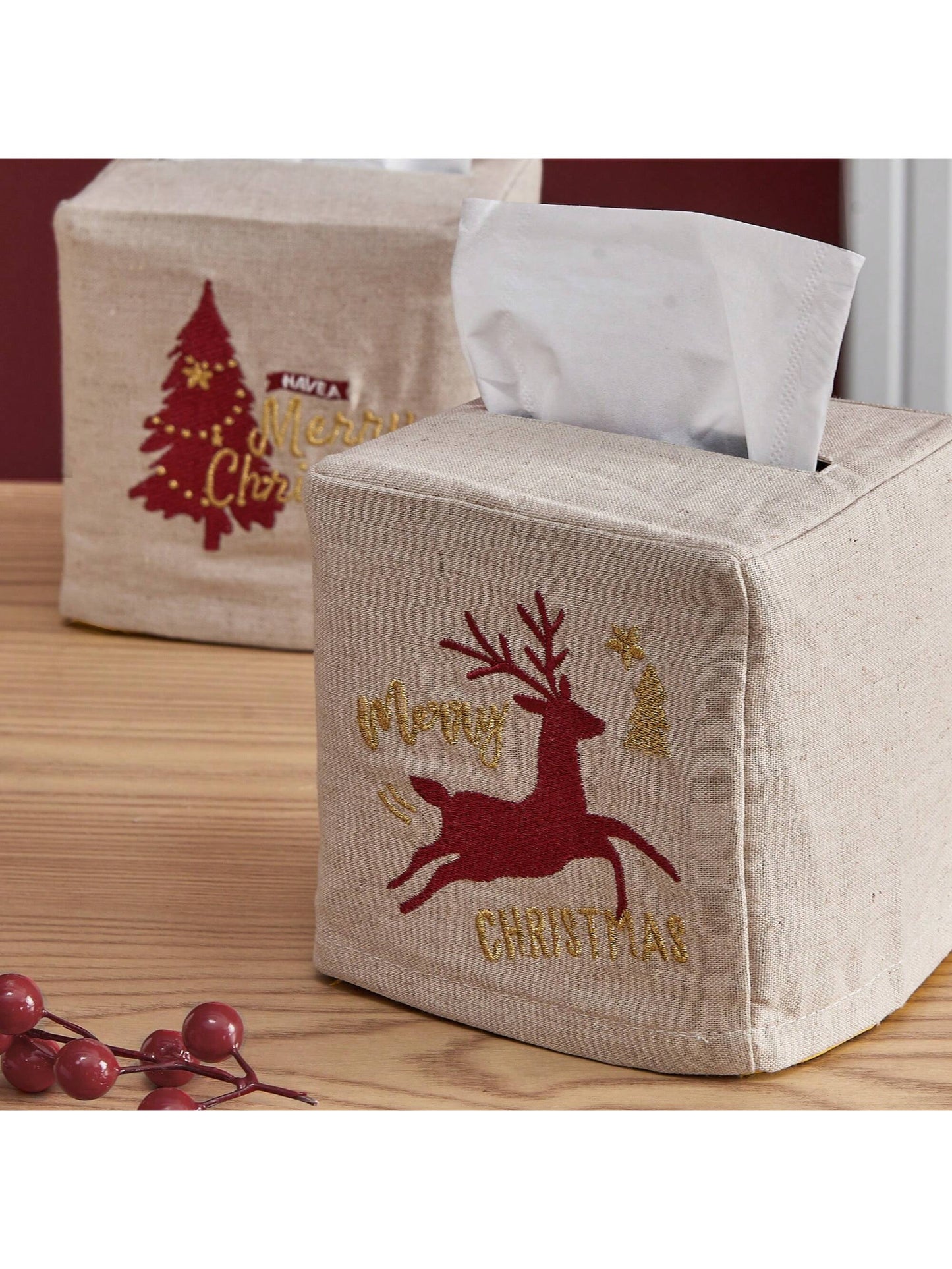 Christmas Tissue Box Cover Square - Linen Tissue Box Holder Rectangular as Xmas Embroidered Gifts Boho Cube Tissue Holder Box Cover for Bathroom Rectangle Tissue Cover Box Set Marry Christmas Set of 2 natural