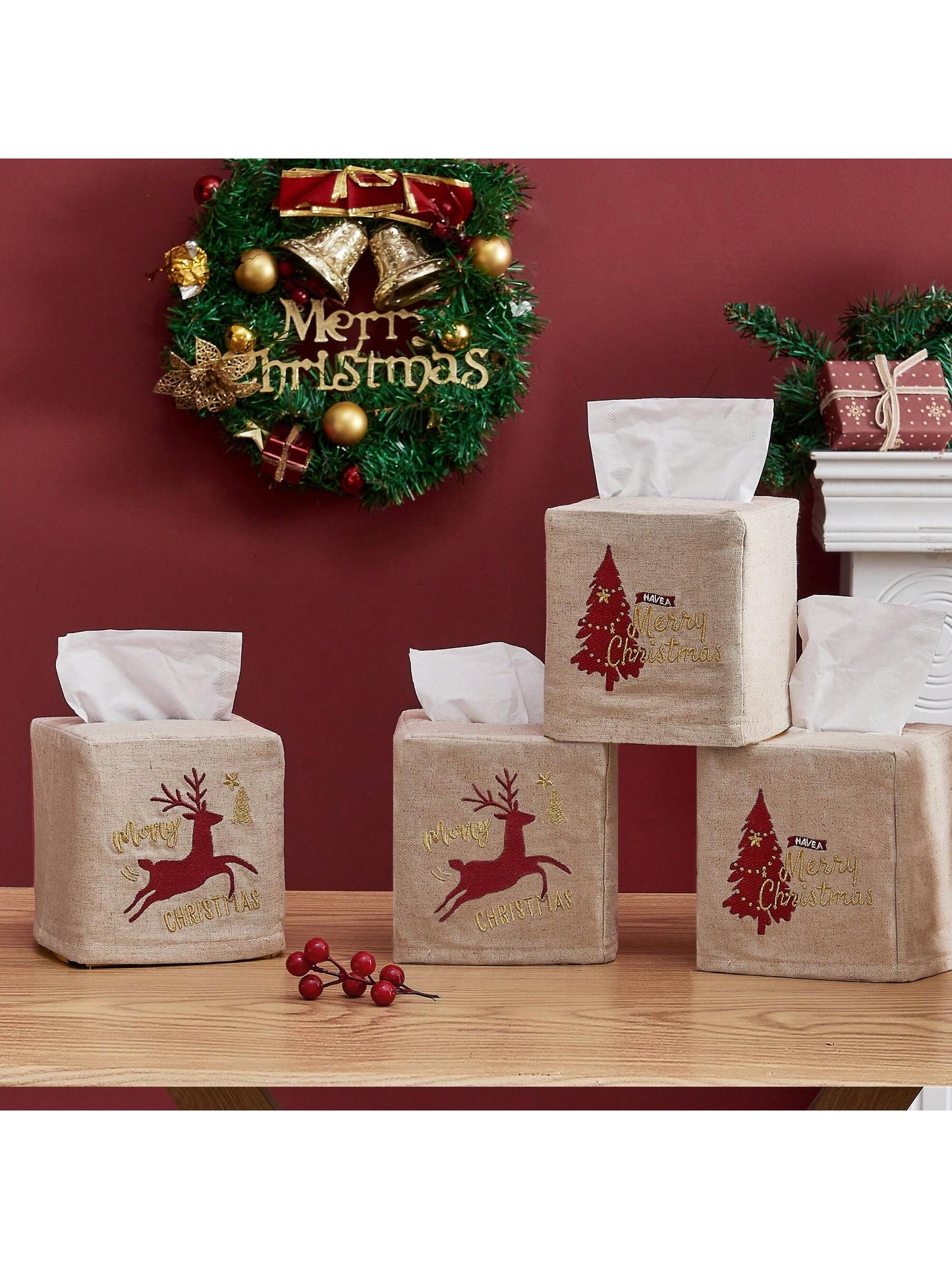 Christmas Tissue Box Cover Square - Linen Tissue Box Holder Rectangular as Xmas Embroidered Gifts Boho Cube Tissue Holder Box Cover for Bathroom Rectangle Tissue Cover Box Set Marry Christmas Set of 2 natural