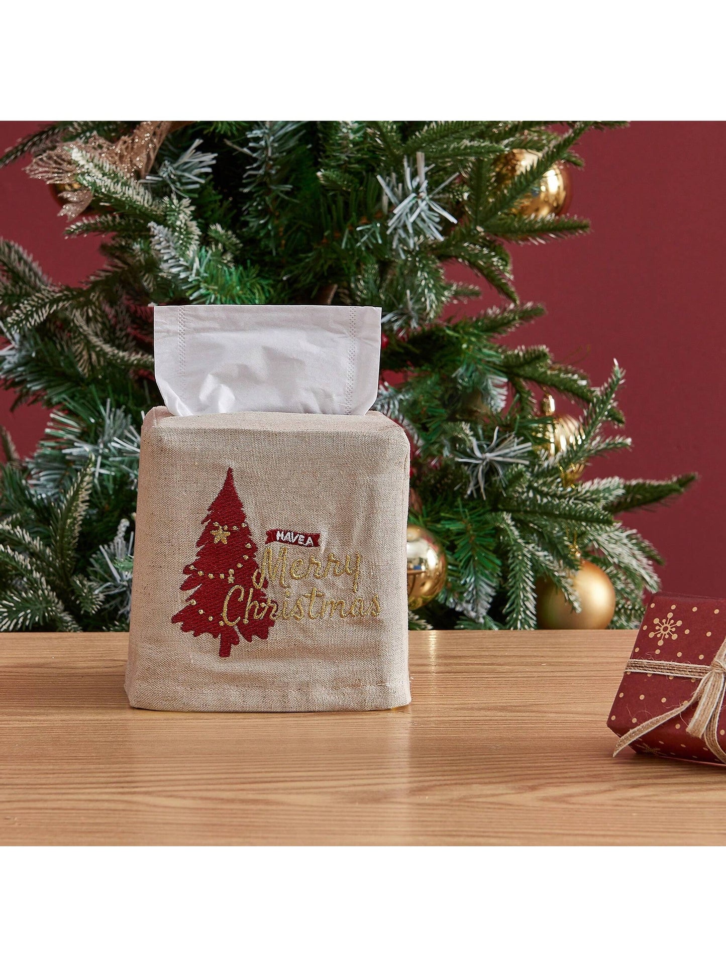 Christmas Tissue Box Cover Square - Linen Tissue Box Holder Rectangular as Xmas Embroidered Gifts Boho Cube Tissue Holder Box Cover for Bathroom Rectangle Tissue Cover Box Set Marry Christmas Set of 2 natural