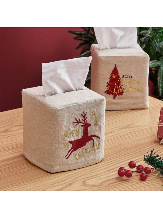 Christmas Tissue Box Cover Square - Linen Tissue Box Holder Rectangular as Xmas Embroidered Gifts Boho Cube Tissue Holder Box Cover for Bathroom Rectangle Tissue Cover Box Set Marry Christmas Set of 2 natural