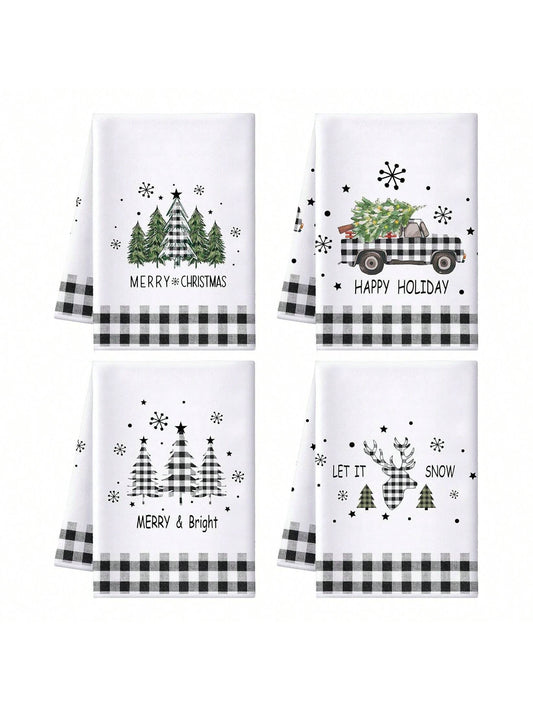 4 Pcs Christmas Kitchen Towels Set 18x26'' Buffalo Plaid Absorbent Xmas Dish Towel Christmas Tree Truck Snowflake Deer Bath Towel Decorative Winter Black White Towel For Housewarming Bathroom,Kitchen,Bathroom,Home,Household Supplies Multicolor