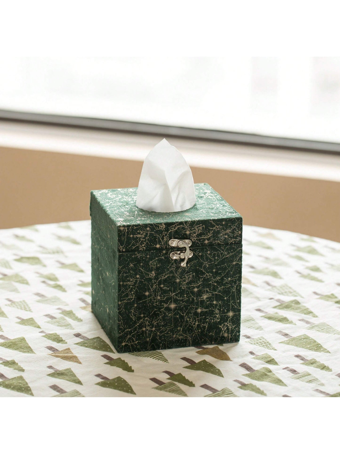 Square Velvet Modern Paper Facial Tissue Box Holder, Green Green