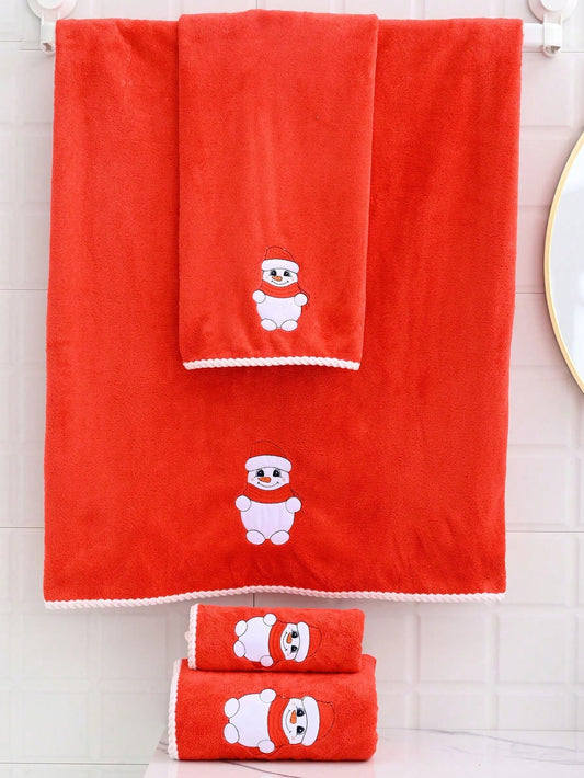 1pc Coral Fleece Super Absorbent Non-Shedding Towel, Cute Christmas Snowman Embroidery, Home Use Hand Towel Or Face Towel 40*80cm OR 1pc Adult Sized Tube Top Beach Towel/Wrap OR 1pc Extra Large Bath Towel 90*170cm Multicolor