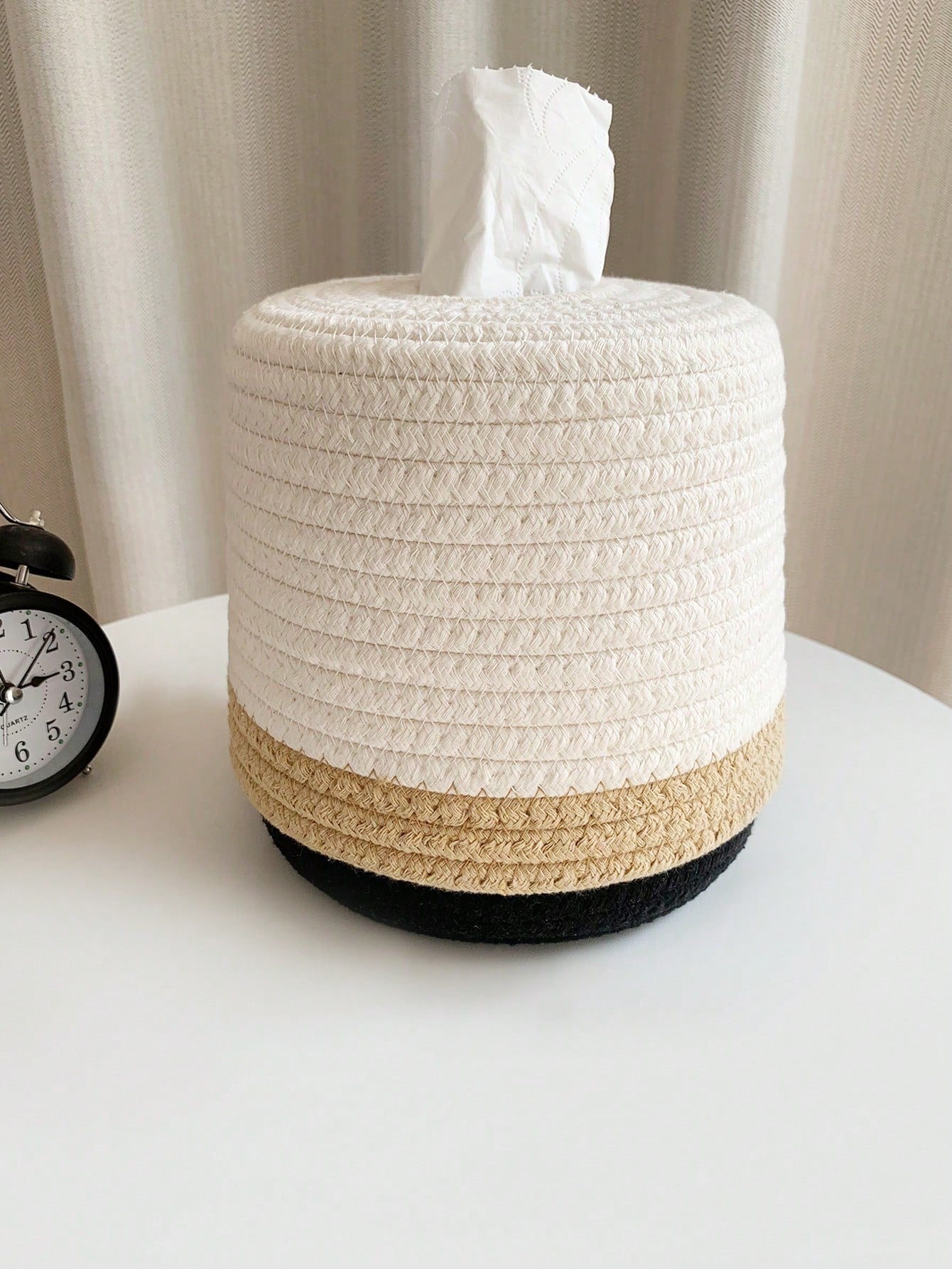 1pc Simple Japanese Handmade Rope Woven Storage Box, Nordic Style 2-Tone Round Paper Towel Tissue Box For Living Room, Dining Table Multicolor