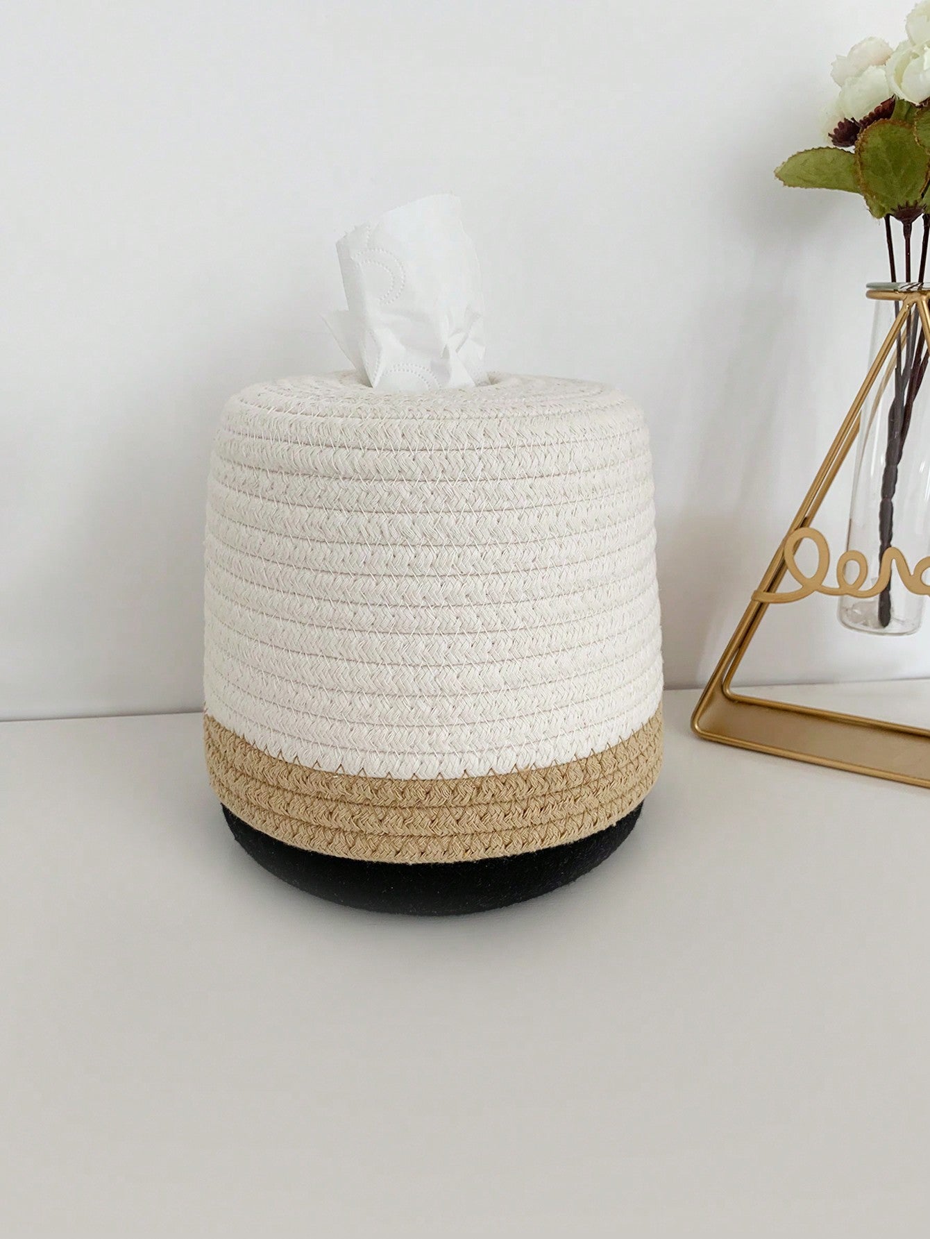 1pc Simple Japanese Handmade Rope Woven Storage Box, Nordic Style 2-Tone Round Paper Towel Tissue Box For Living Room, Dining Table Multicolor