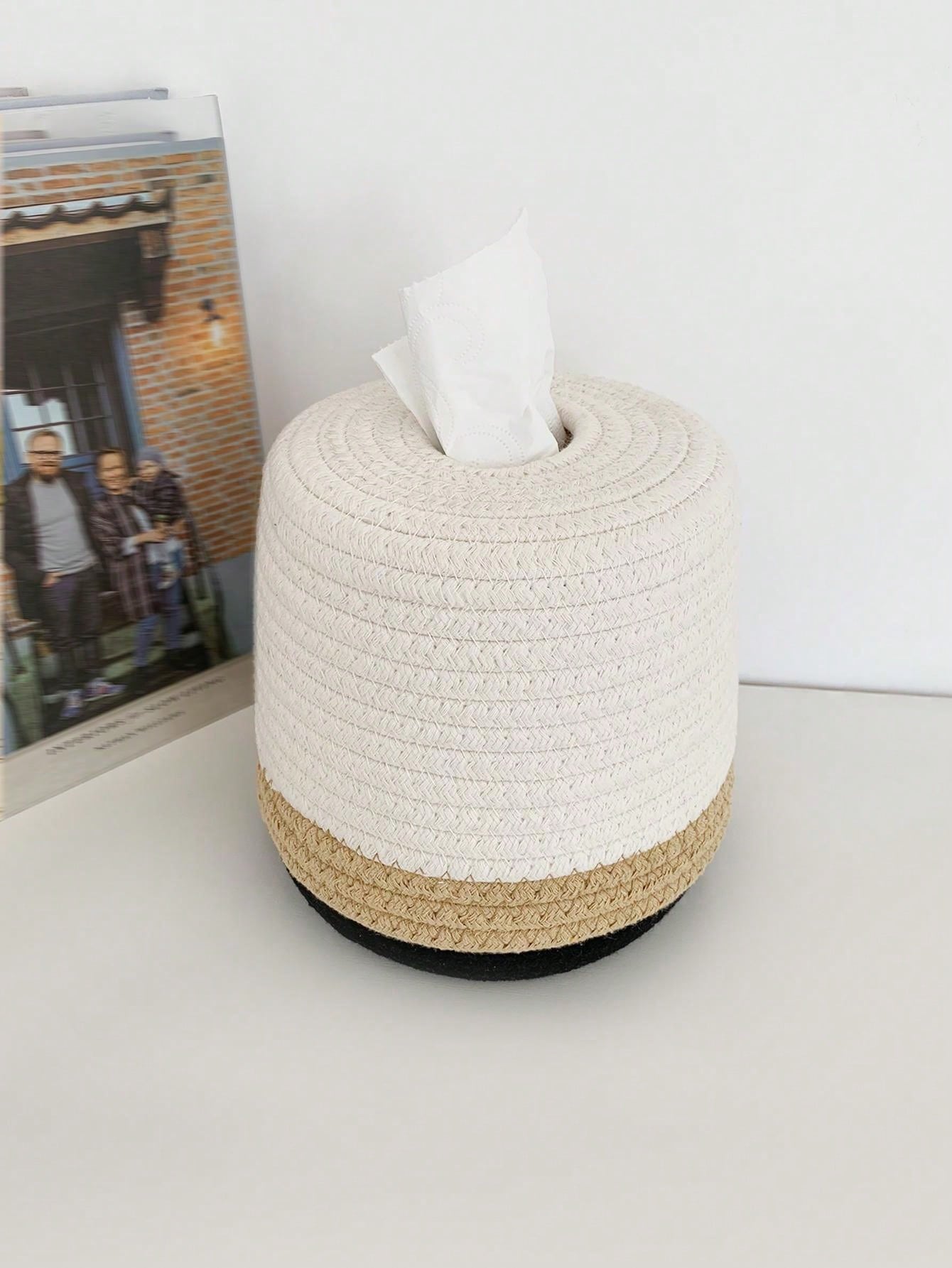 1pc Simple Japanese Handmade Rope Woven Storage Box, Nordic Style 2-Tone Round Paper Towel Tissue Box For Living Room, Dining Table Multicolor