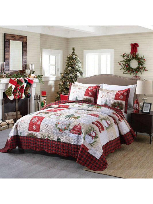 3Pcs Red Christmas Pacthwork Quilt Bedspread Set Queen/King Size Holiday Bedding Christmas Decorations Gift Multicolor