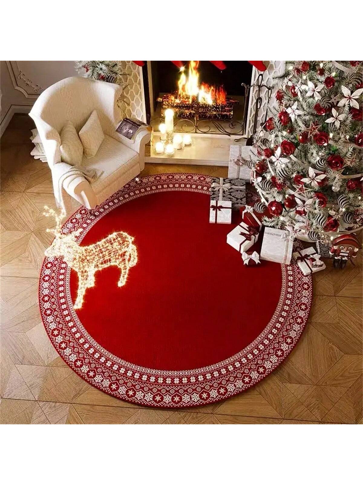 1pc Christmas Tree Decorative Floor Mat, Large Christmas Circle Carpet, Thick Washable Anti-Slip Rug, New Year Carpet, Plush Surrounding Mat Suitable For Living Room Bedroom Entrance, Home Decor Red