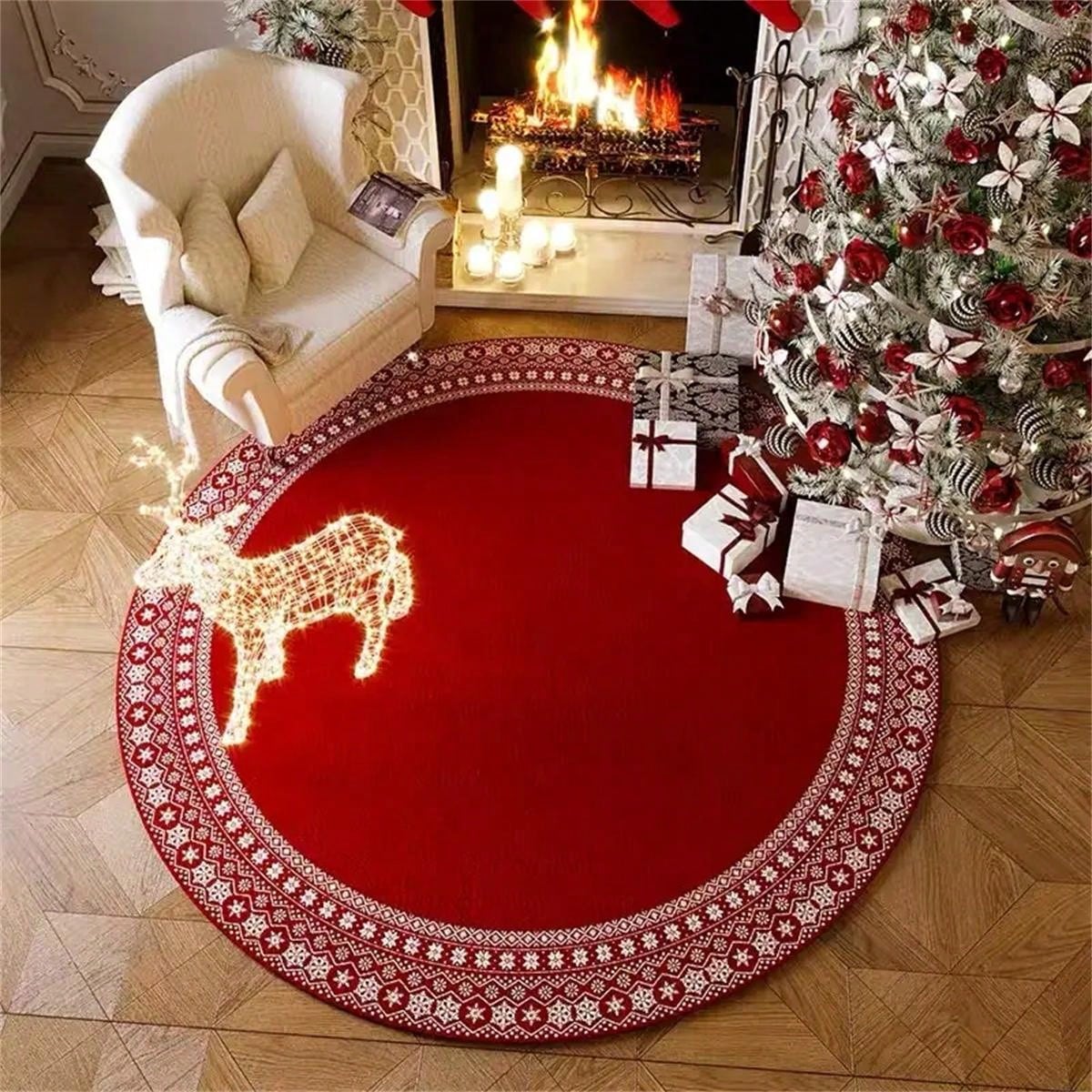 1pc Christmas Tree Decorative Floor Mat, Large Christmas Circle Carpet, Thick Washable Anti-Slip Rug, New Year Carpet, Plush Surrounding Mat Suitable For Living Room Bedroom Entrance, Home Decor Red