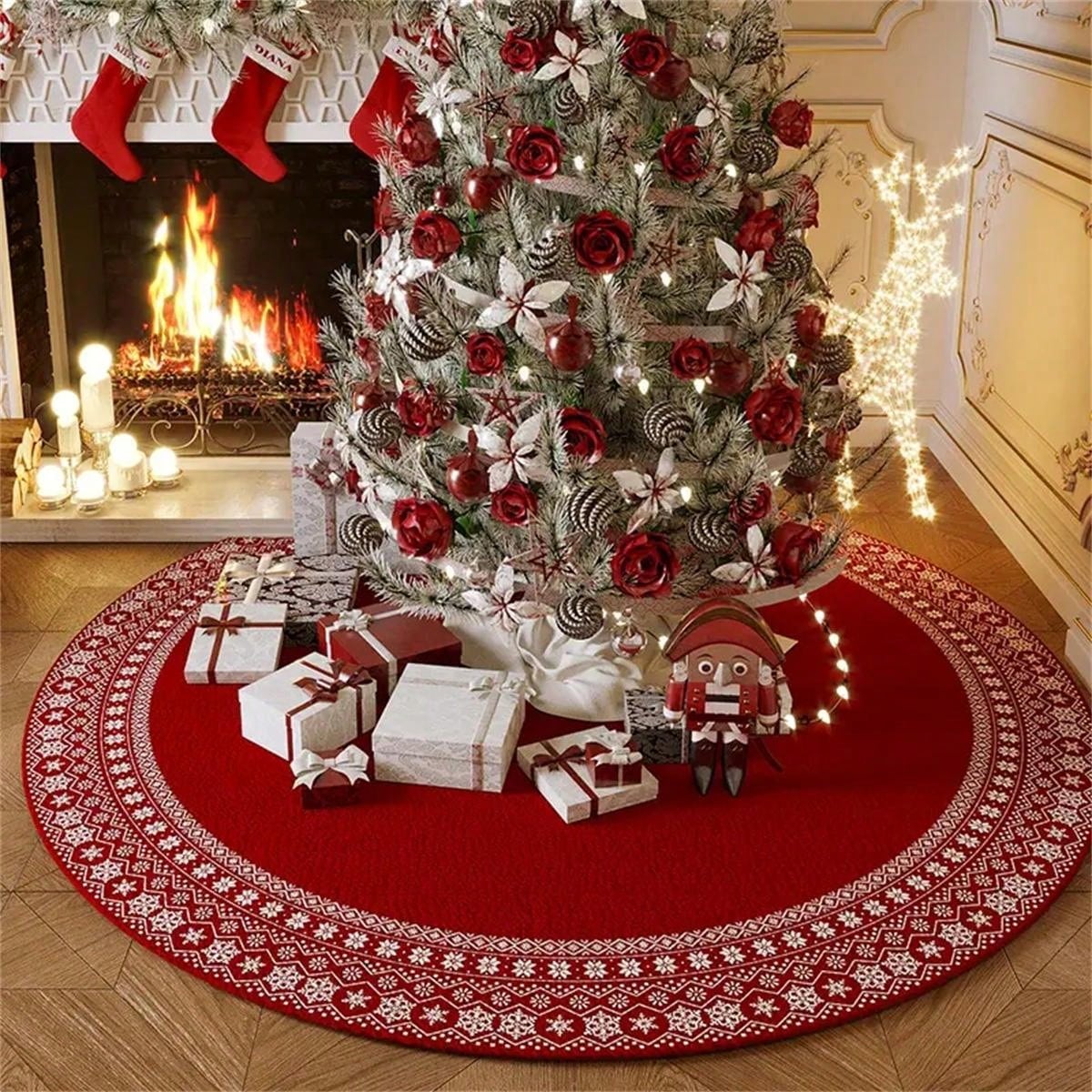 1pc Christmas Tree Decorative Floor Mat, Large Christmas Circle Carpet, Thick Washable Anti-Slip Rug, New Year Carpet, Plush Surrounding Mat Suitable For Living Room Bedroom Entrance, Home Decor Red