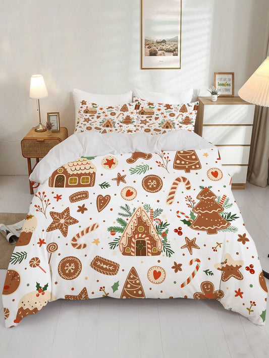 3pcs Christmas Gift Theme Quilt Cover Set, Gingerbread Man, Cake And Christmas Tree Print Bedding Set, 100% Polyester Super Soft HD Printing Bedding Set, For Bedroom, Guest Room (1*Quilt Cover + 2*Pillowcase, Without Core) Multicolor