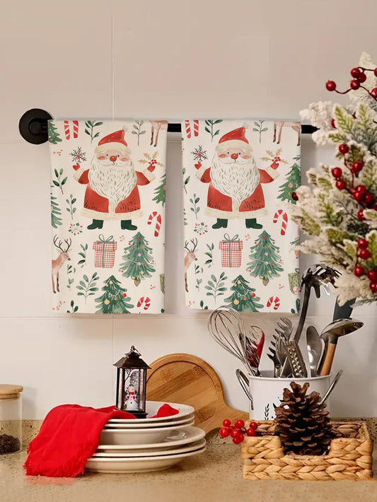 2pcs Santa Claus Kitchen Decorative Towels, Bath Towels, Dish Towels, Kitchen & Dining Table Decor, Seasonal Home Indoor/Outdoor Party Supplies, Room Decoration For Christmas Multicolor