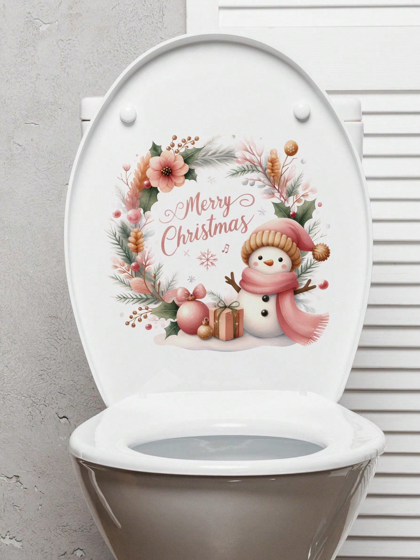 1pc Rose Pink Christmas Wreath Bathroom Toilet Seat Cover Decor Wall Sticker, Christmas Wall Decals Pink