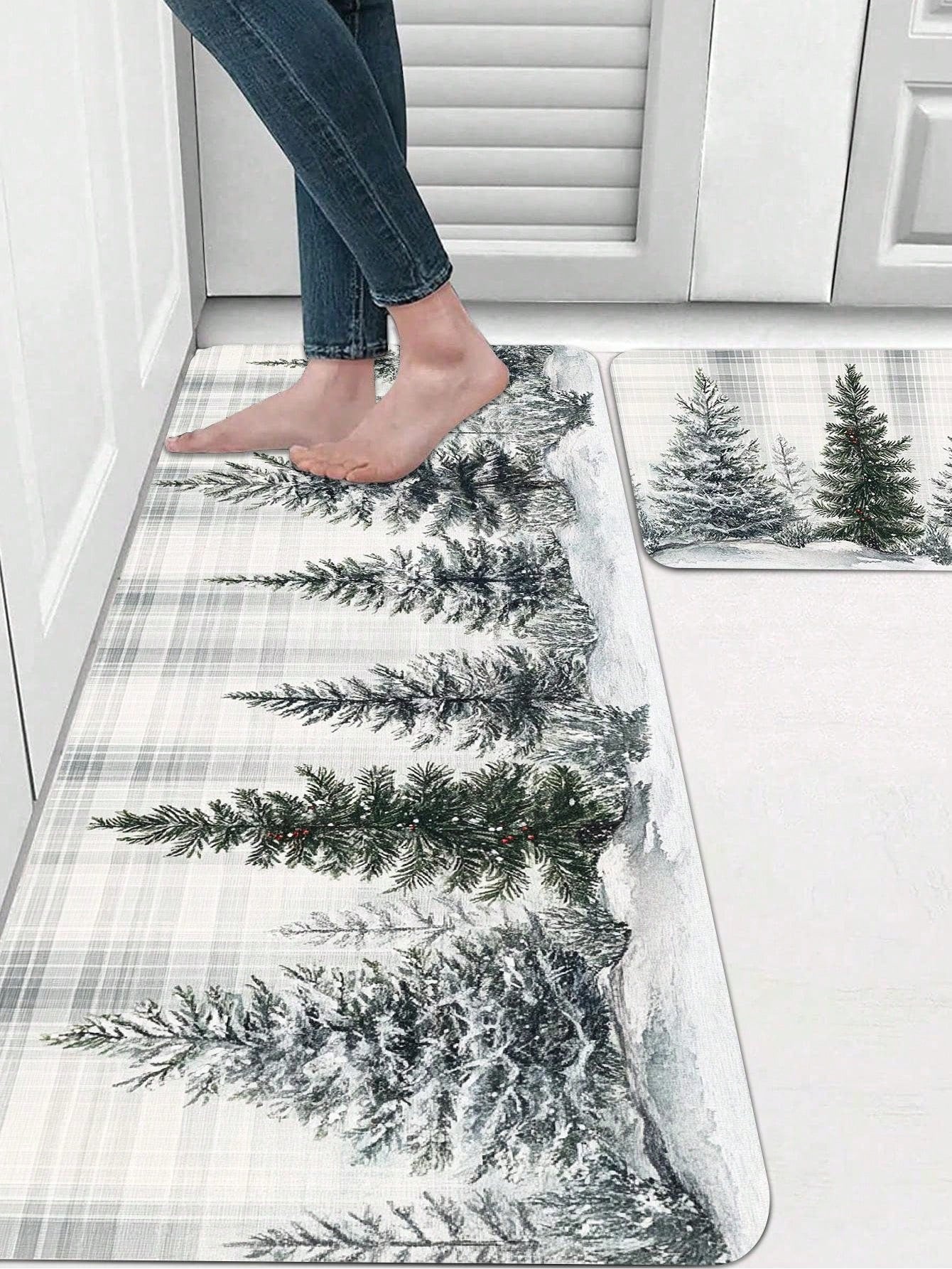 Christmas Tree Printed Kitchen Carpet - Non Slip, Durable, Machine Washable Entrance Mat, Suitable For Home, Office, Laundry - Quick Drying, Comfortable Bracket Design, Made Of Thick Flannel Material White