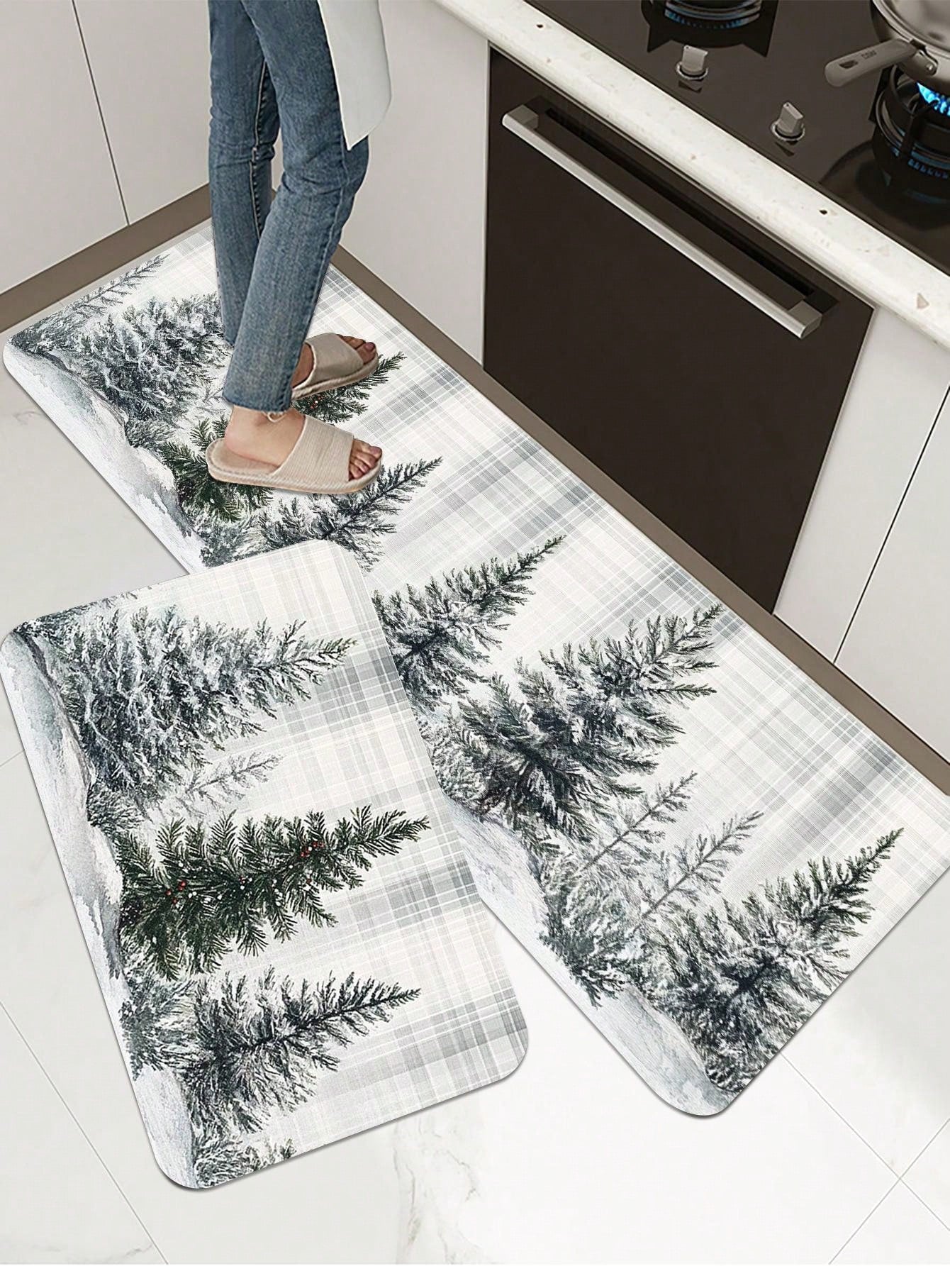 Christmas Tree Printed Kitchen Carpet - Non Slip, Durable, Machine Washable Entrance Mat, Suitable For Home, Office, Laundry - Quick Drying, Comfortable Bracket Design, Made Of Thick Flannel Material White