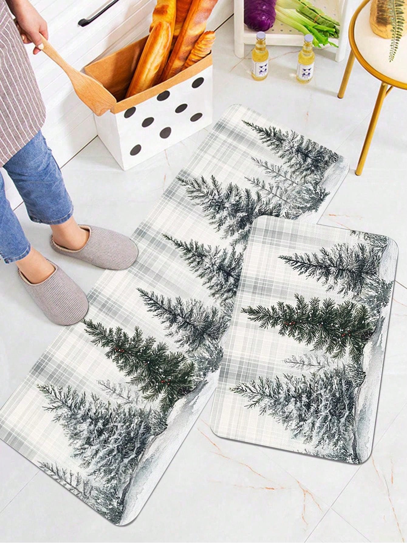 Christmas Tree Printed Kitchen Carpet - Non Slip, Durable, Machine Washable Entrance Mat, Suitable For Home, Office, Laundry - Quick Drying, Comfortable Bracket Design, Made Of Thick Flannel Material White