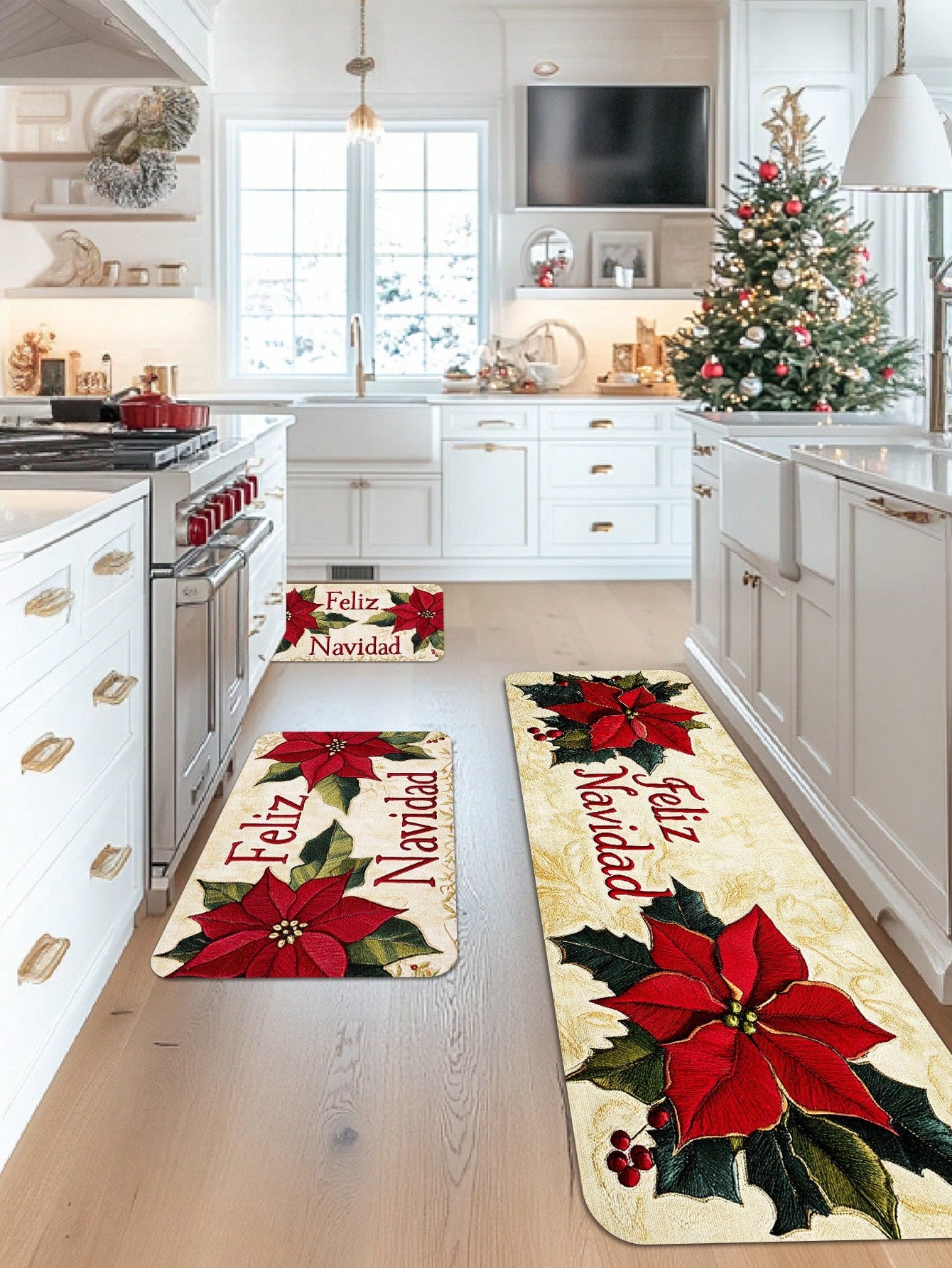 1/2 Piece Spanish Christmas Kitchen Carpet Set, Feliz Navidad, Flower Print Pattern, Comfortable Christmas Door Mat, Machine Washable, Non Slip, Soft And Durable Polyester Mat, Used For Home Vacation Decoration Red