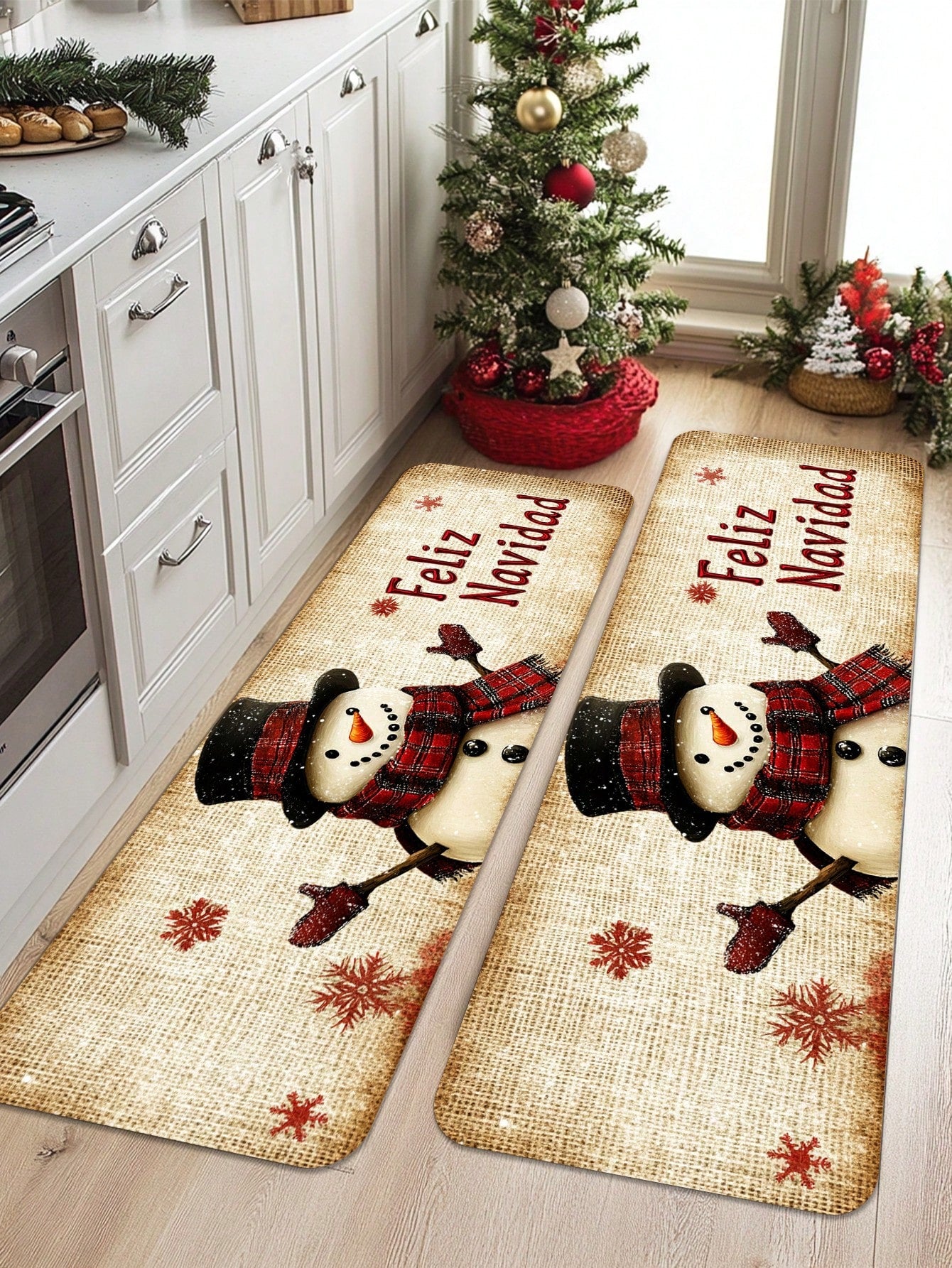 1/2 Piece Spanish Christmas Kitchen Carpet Set, Feliz Navidad, Flower Print Pattern, Comfortable Christmas Door Mat, Machine Washable, Non Slip, Soft And Durable Polyester Mat, Used For Home Vacation Decoration Red