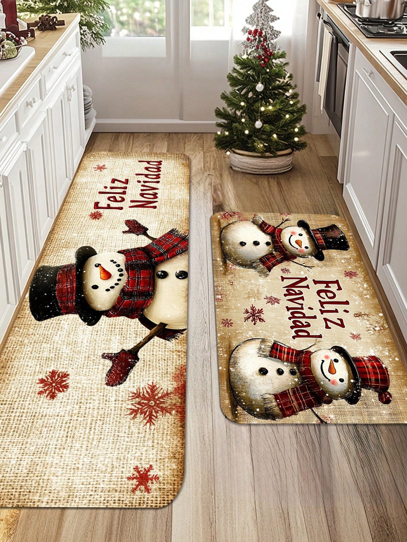 1/2 Piece Spanish Christmas Kitchen Carpet Set, Feliz Navidad, Flower Print Pattern, Comfortable Christmas Door Mat, Machine Washable, Non Slip, Soft And Durable Polyester Mat, Used For Home Vacation Decoration Red