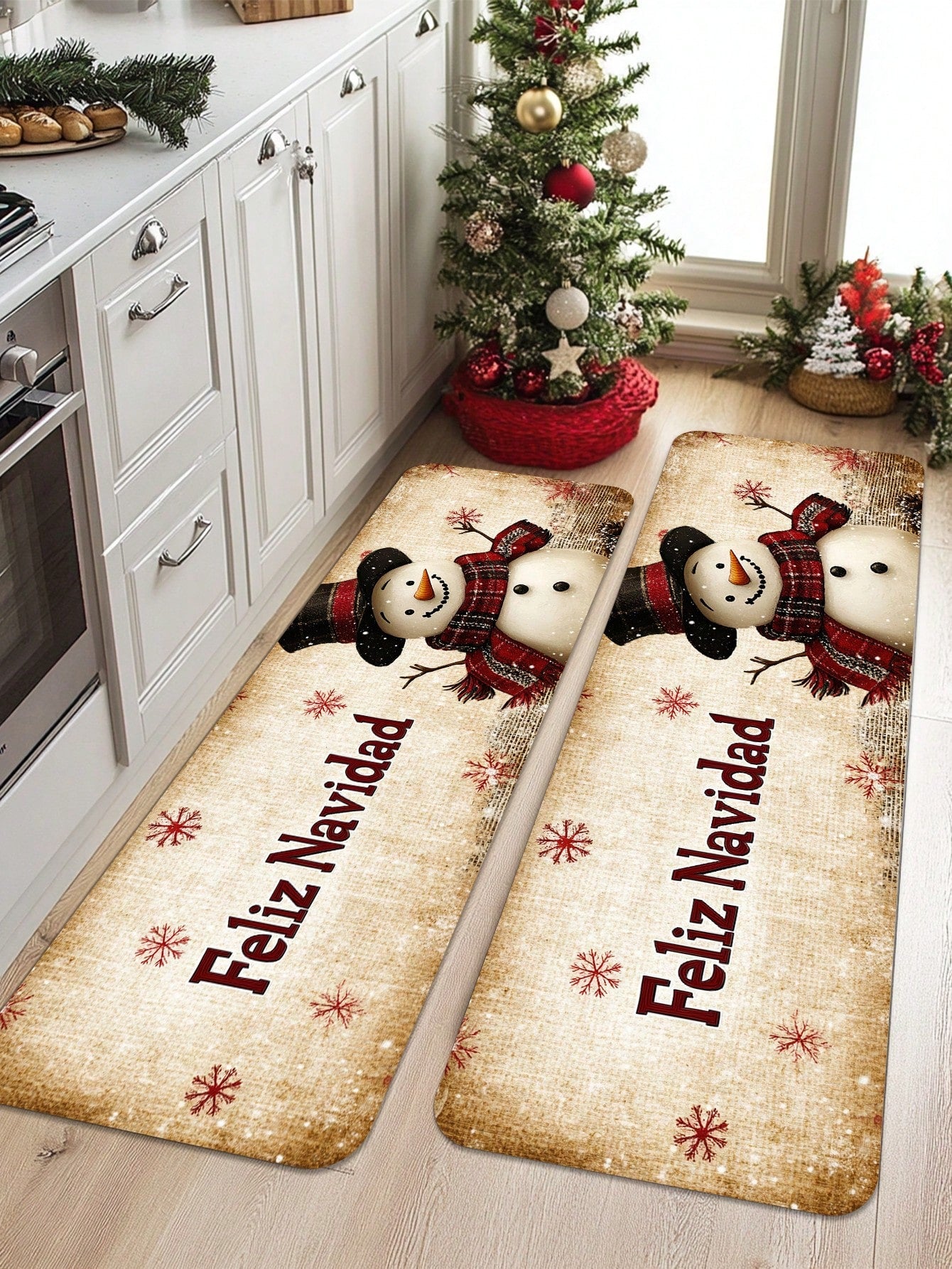 1/2 Piece Spanish Christmas Kitchen Carpet Set, Feliz Navidad, Flower Print Pattern, Comfortable Christmas Door Mat, Machine Washable, Non Slip, Soft And Durable Polyester Mat, Used For Home Vacation Decoration Red