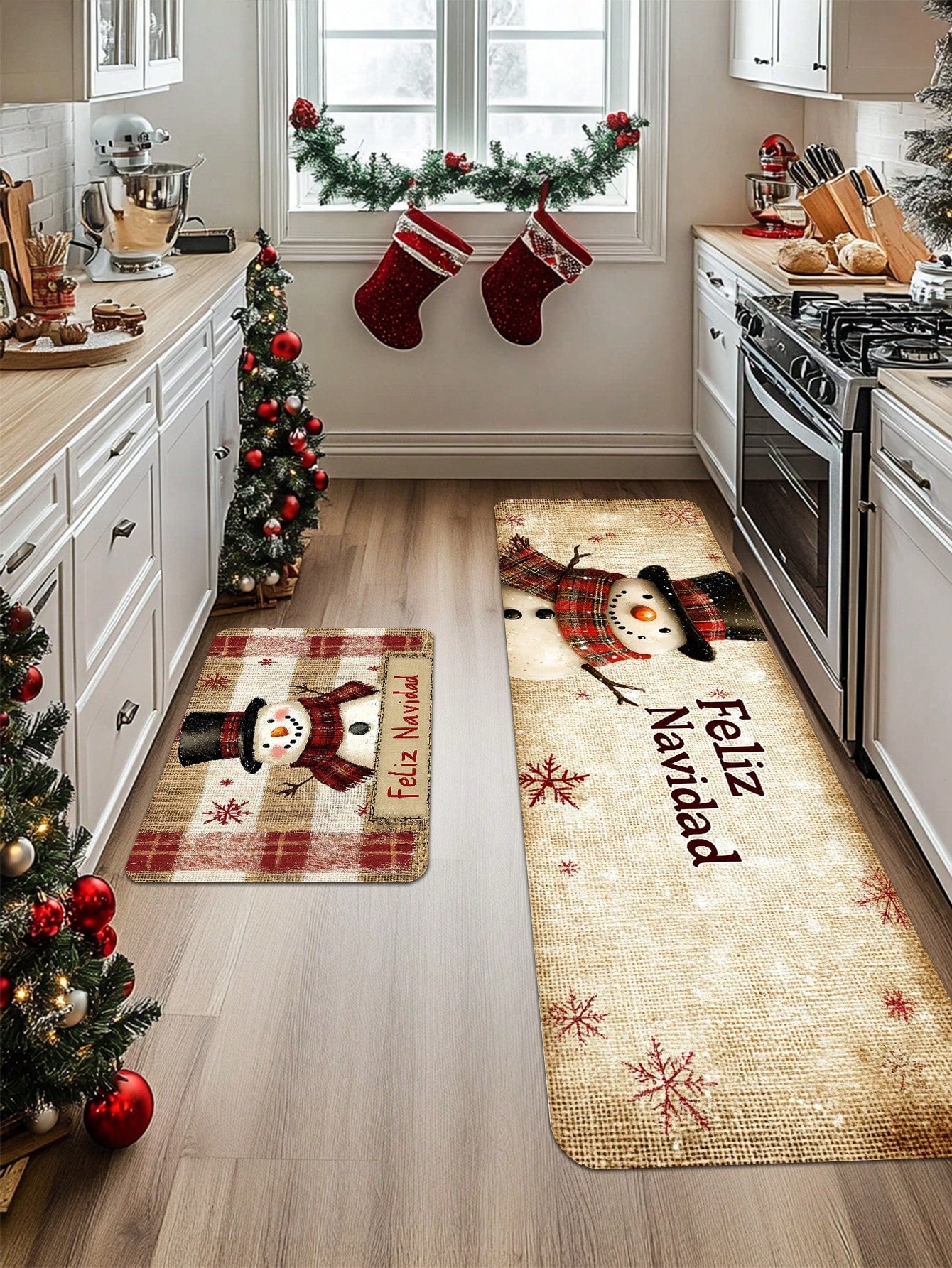 1/2 Piece Spanish Christmas Kitchen Carpet Set, Feliz Navidad, Flower Print Pattern, Comfortable Christmas Door Mat, Machine Washable, Non Slip, Soft And Durable Polyester Mat, Used For Home Vacation Decoration Red