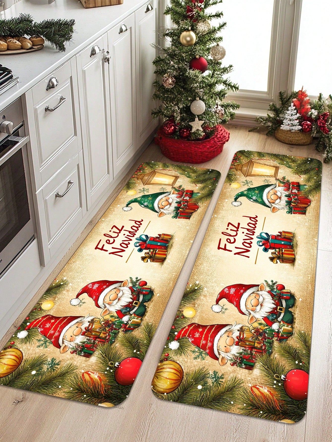 1/2 Piece Spanish Christmas Kitchen Carpet Set, Feliz Navidad, Flower Print Pattern, Comfortable Christmas Door Mat, Machine Washable, Non Slip, Soft And Durable Polyester Mat, Used For Home Vacation Decoration Red