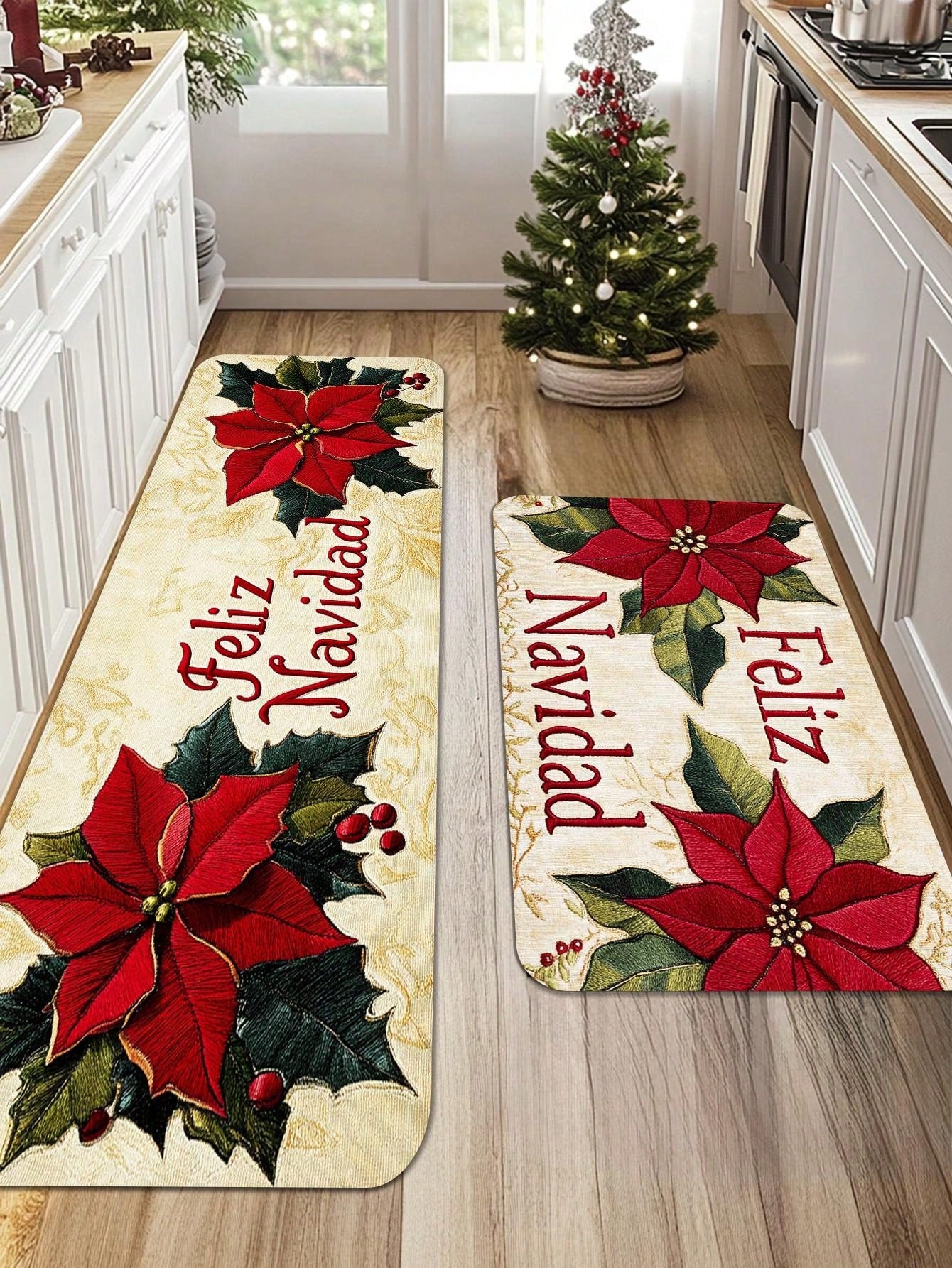 1/2 Piece Spanish Christmas Kitchen Carpet Set, Feliz Navidad, Flower Print Pattern, Comfortable Christmas Door Mat, Machine Washable, Non Slip, Soft And Durable Polyester Mat, Used For Home Vacation Decoration Red