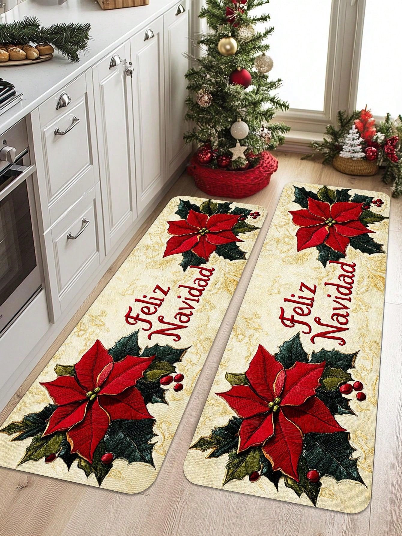 1/2 Piece Spanish Christmas Kitchen Carpet Set, Feliz Navidad, Flower Print Pattern, Comfortable Christmas Door Mat, Machine Washable, Non Slip, Soft And Durable Polyester Mat, Used For Home Vacation Decoration Red