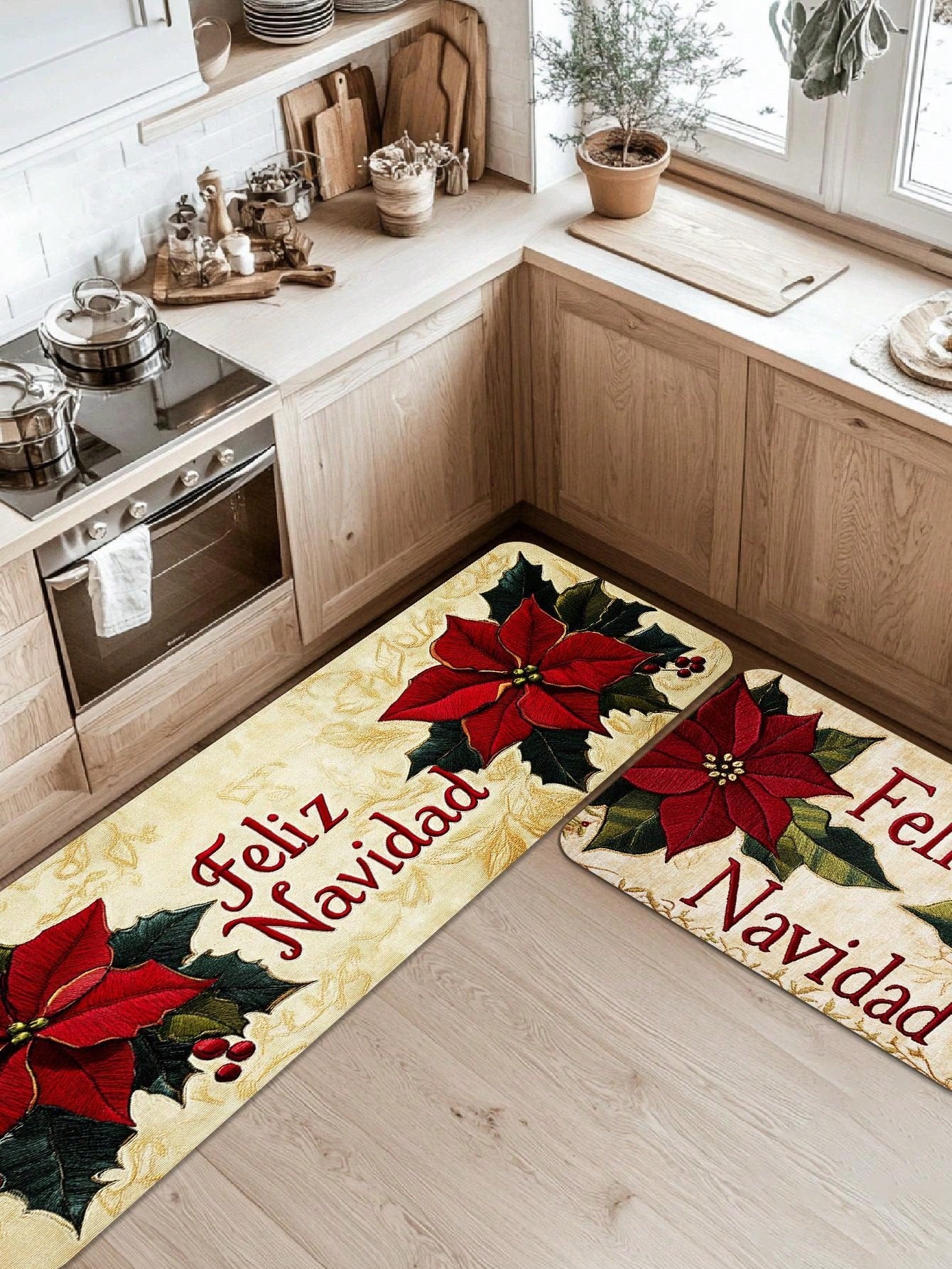 1/2 Piece Spanish Christmas Kitchen Carpet Set, Feliz Navidad, Flower Print Pattern, Comfortable Christmas Door Mat, Machine Washable, Non Slip, Soft And Durable Polyester Mat, Used For Home Vacation Decoration Red