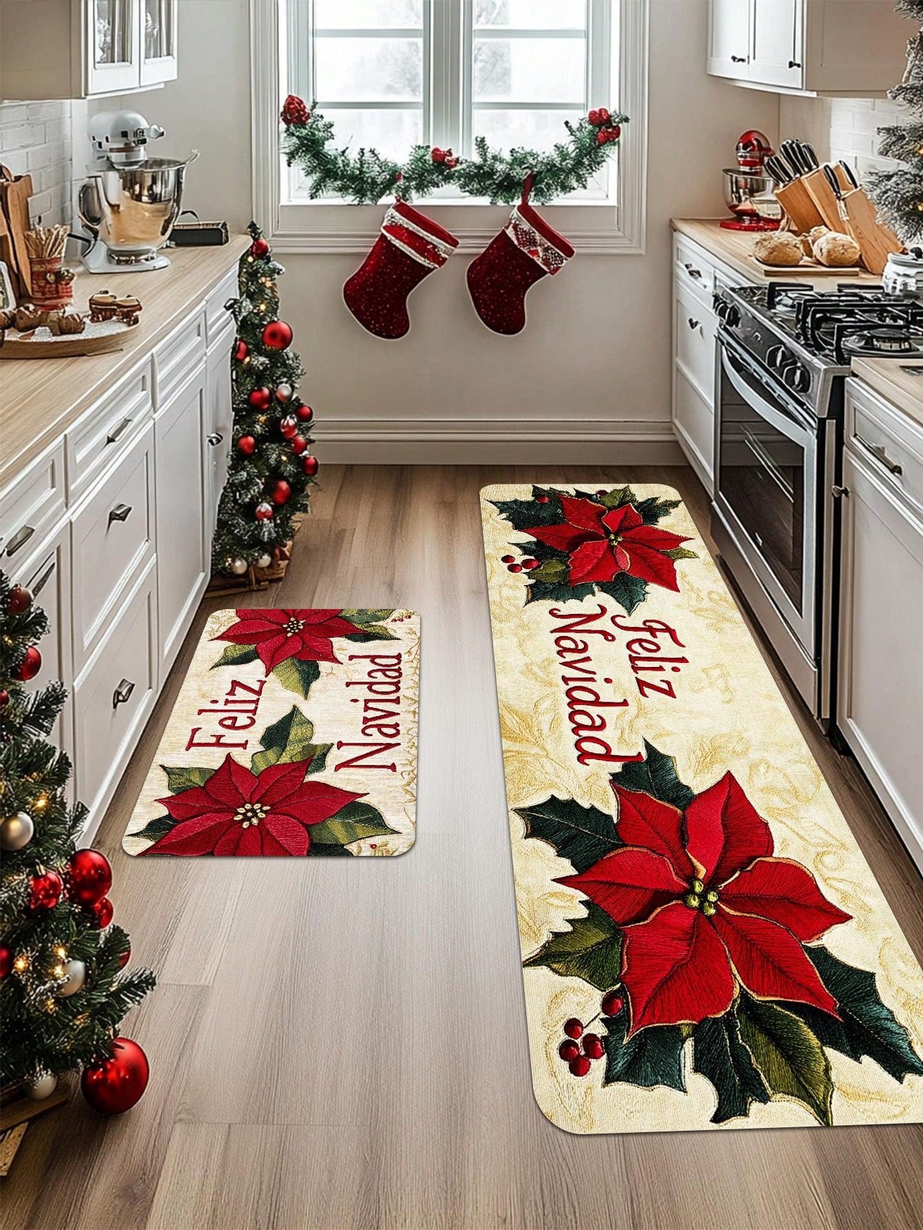 1/2 Piece Spanish Christmas Kitchen Carpet Set, Feliz Navidad, Flower Print Pattern, Comfortable Christmas Door Mat, Machine Washable, Non Slip, Soft And Durable Polyester Mat, Used For Home Vacation Decoration Red