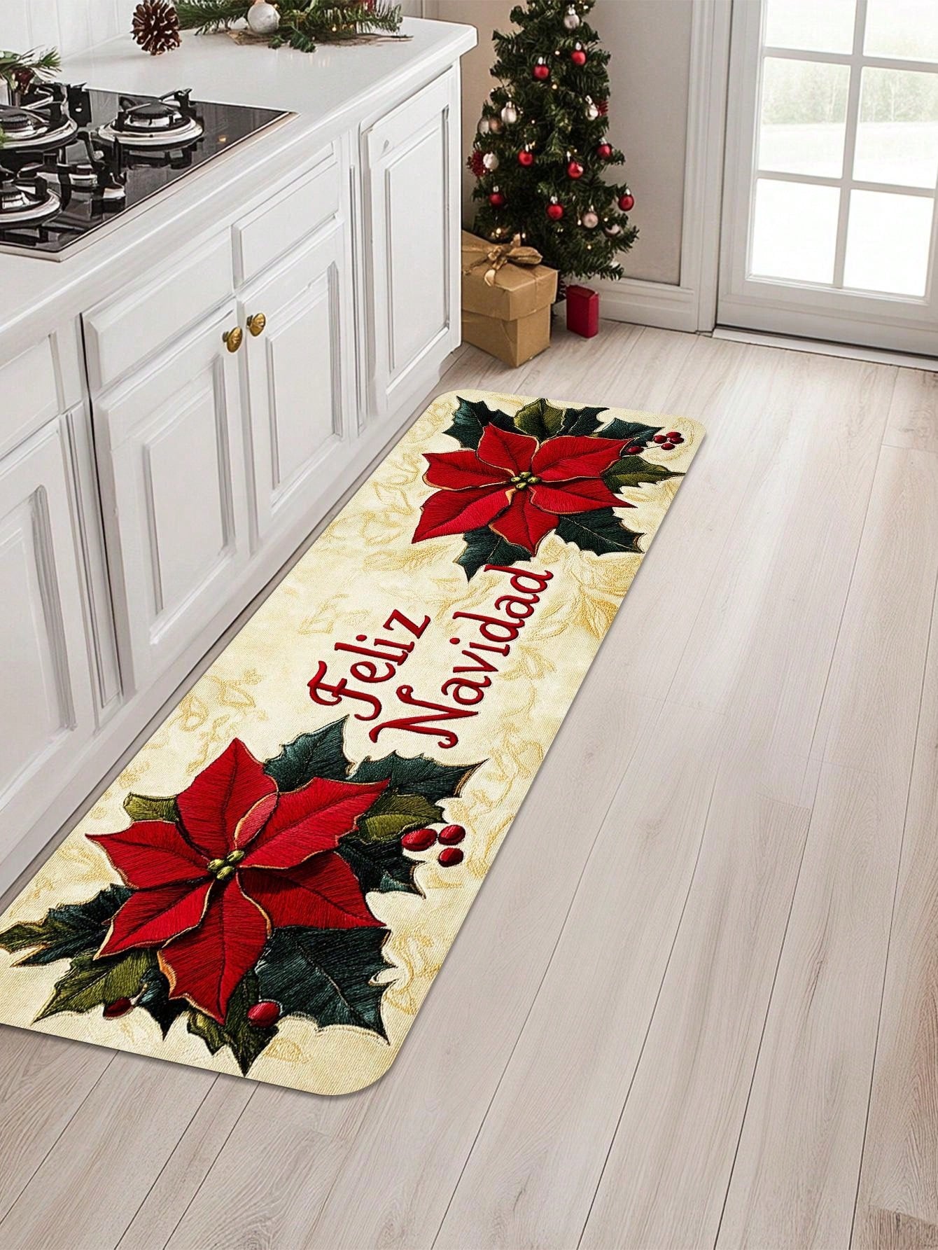 1/2 Piece Spanish Christmas Kitchen Carpet Set, Feliz Navidad, Flower Print Pattern, Comfortable Christmas Door Mat, Machine Washable, Non Slip, Soft And Durable Polyester Mat, Used For Home Vacation Decoration Red