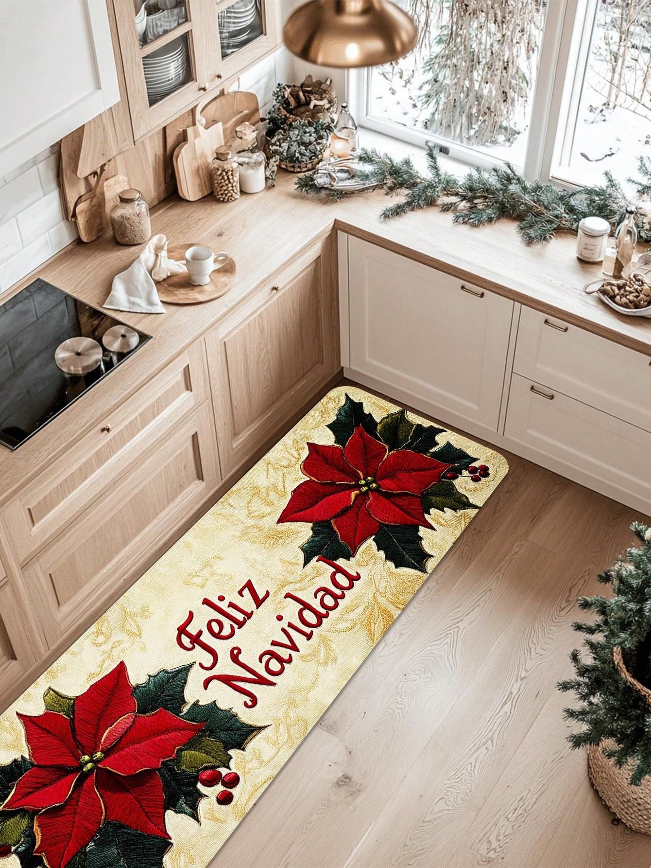 1/2 Piece Spanish Christmas Kitchen Carpet Set, Feliz Navidad, Flower Print Pattern, Comfortable Christmas Door Mat, Machine Washable, Non Slip, Soft And Durable Polyester Mat, Used For Home Vacation Decoration Red