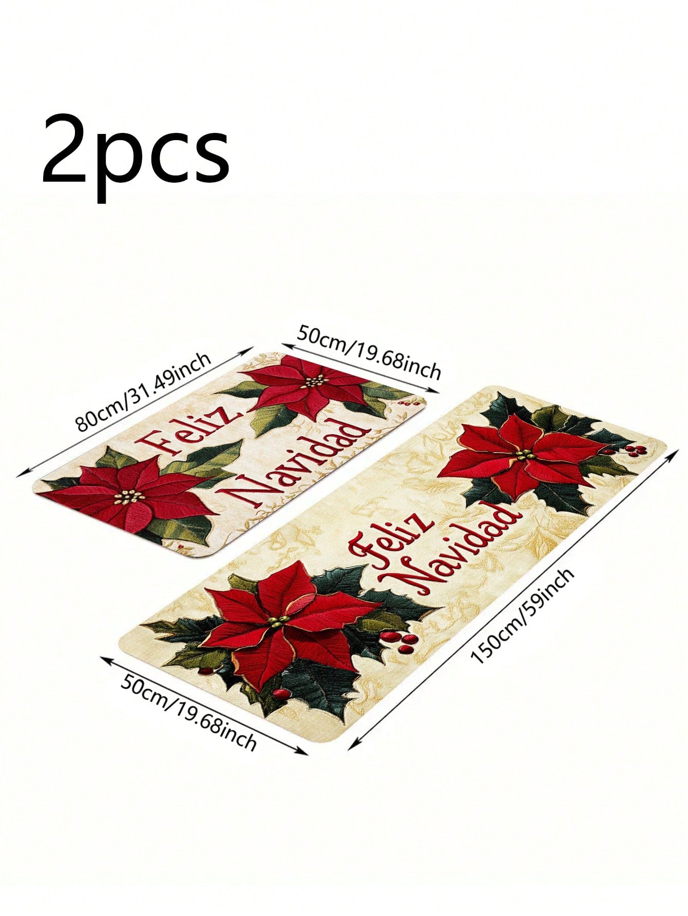 1/2 Piece Spanish Christmas Kitchen Carpet Set, Feliz Navidad, Flower Print Pattern, Comfortable Christmas Door Mat, Machine Washable, Non Slip, Soft And Durable Polyester Mat, Used For Home Vacation Decoration Red