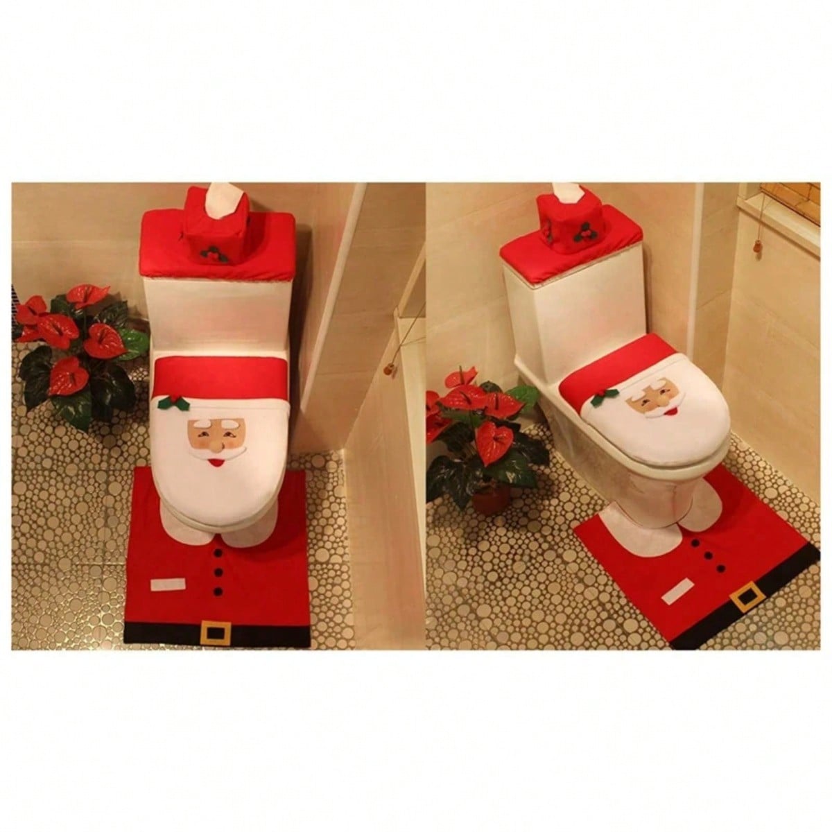 3 Pieces Christmas Toilet Seat Cover, Santa Toilet Seat Cover And Rug Set For Christmas Bathroom Decorations Easy Install Whitered