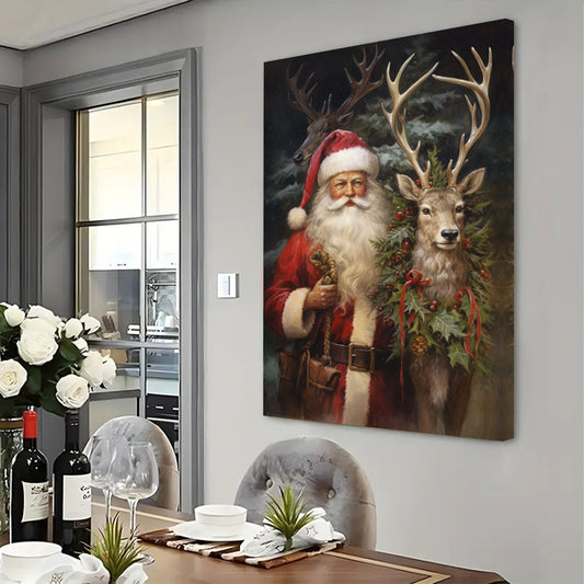 Vintage Christmas Santa And Reindeer Canvas Wall Art - Religious Theme, 16x24 Inch, Ready to Hang, No Electricity Or Battery Needed, Ideal for Home, Bedroom, And Office Decor, Perfect Gift for Christmas Occasion, Unframed