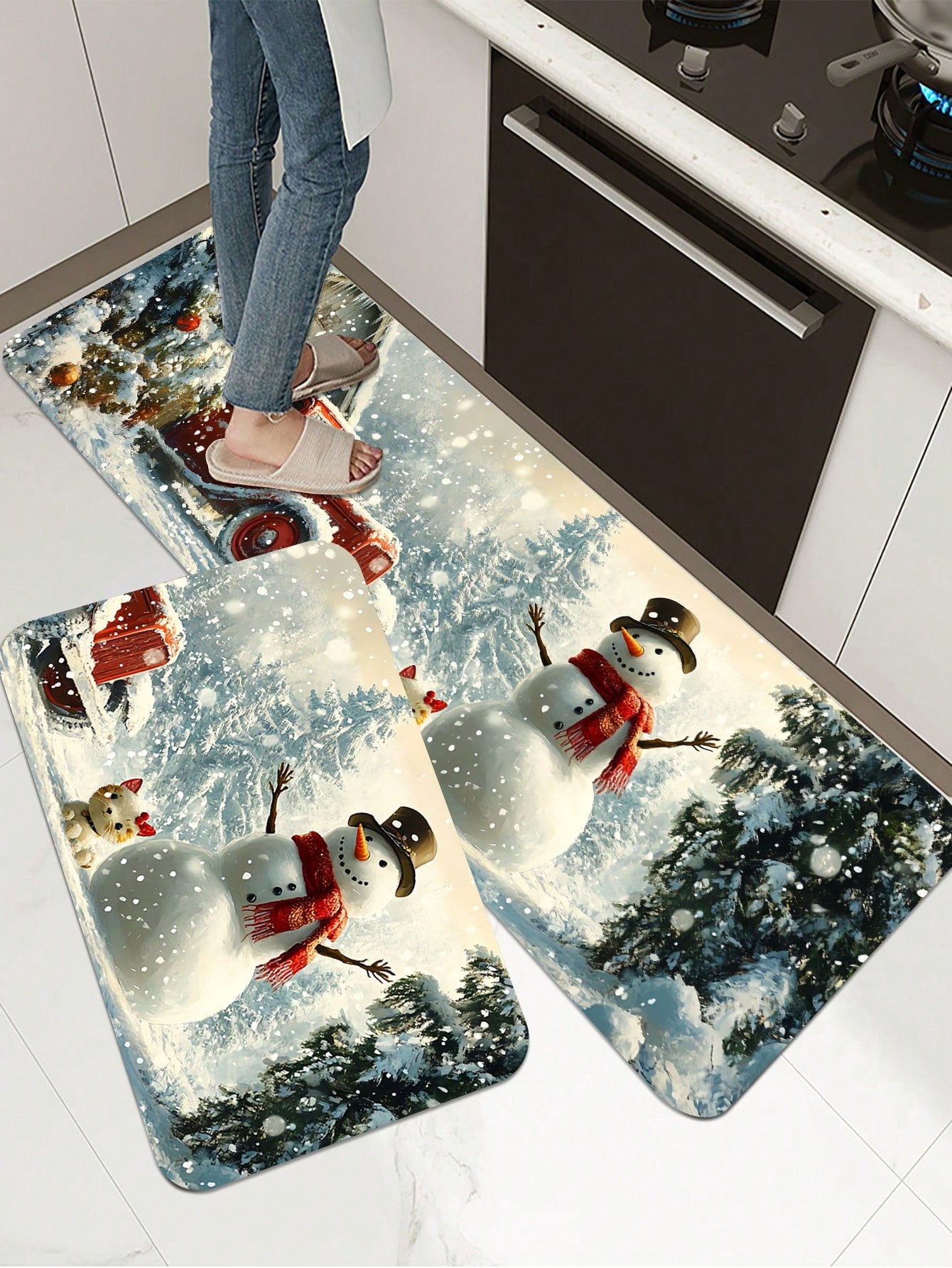 1 Piece Of Christmas Printed Kitchen Carpet - Non Slip, Durable, Machine Washable Entrance Mat, Suitable For Homes, Offices, Laundry Rooms - Quick Drying, Comfortable Stand Design, Made Of Thick Flannel Material Baby Blue