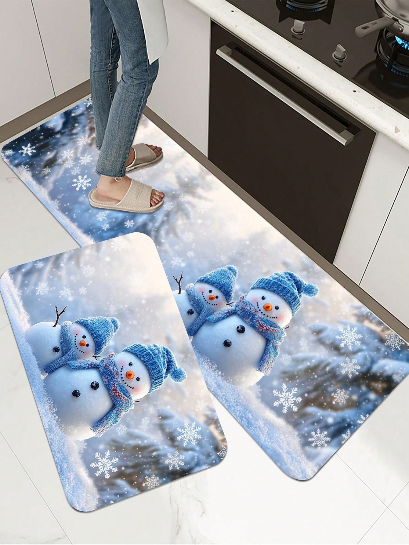 1 Piece Of Christmas Printed Kitchen Carpet - Non Slip, Durable, Machine Washable Entrance Mat, Suitable For Homes, Offices, Laundry Rooms - Quick Drying, Comfortable Stand Design, Made Of Thick Flannel Material Baby Blue