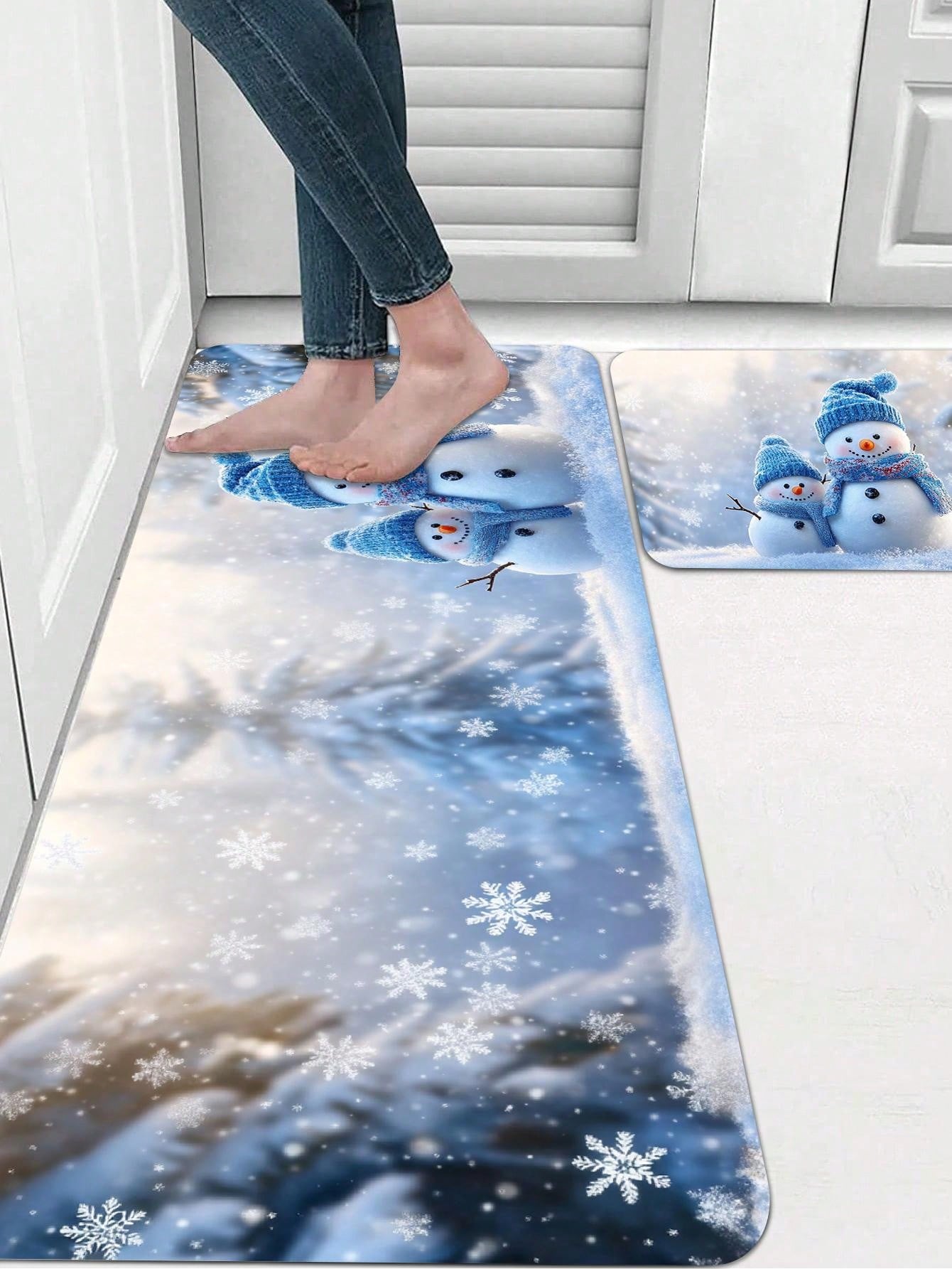 1 Piece Of Christmas Printed Kitchen Carpet - Non Slip, Durable, Machine Washable Entrance Mat, Suitable For Homes, Offices, Laundry Rooms - Quick Drying, Comfortable Stand Design, Made Of Thick Flannel Material Baby Blue