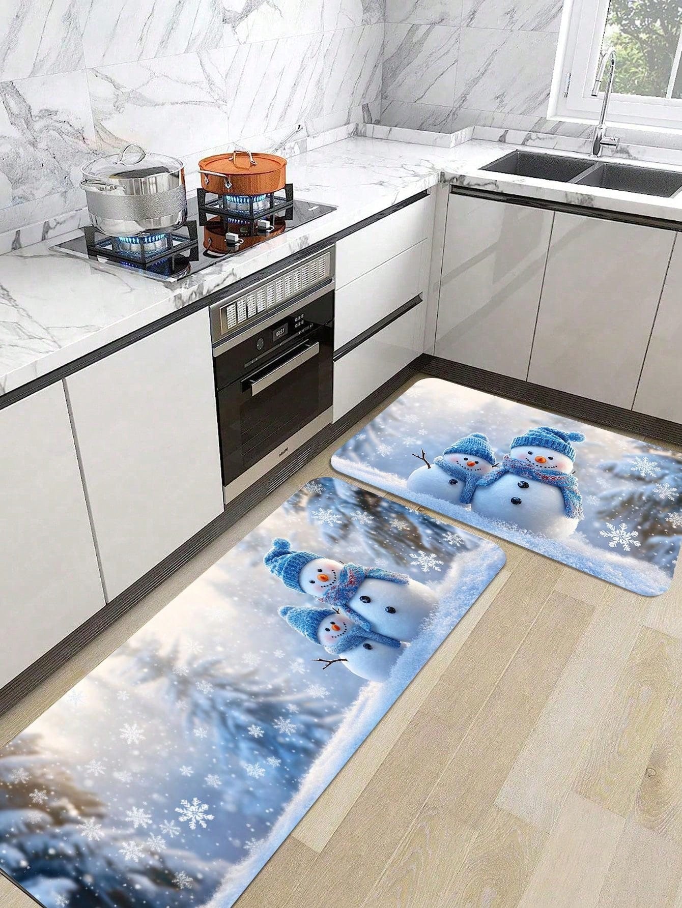 1 Piece Of Christmas Printed Kitchen Carpet - Non Slip, Durable, Machine Washable Entrance Mat, Suitable For Homes, Offices, Laundry Rooms - Quick Drying, Comfortable Stand Design, Made Of Thick Flannel Material Baby Blue