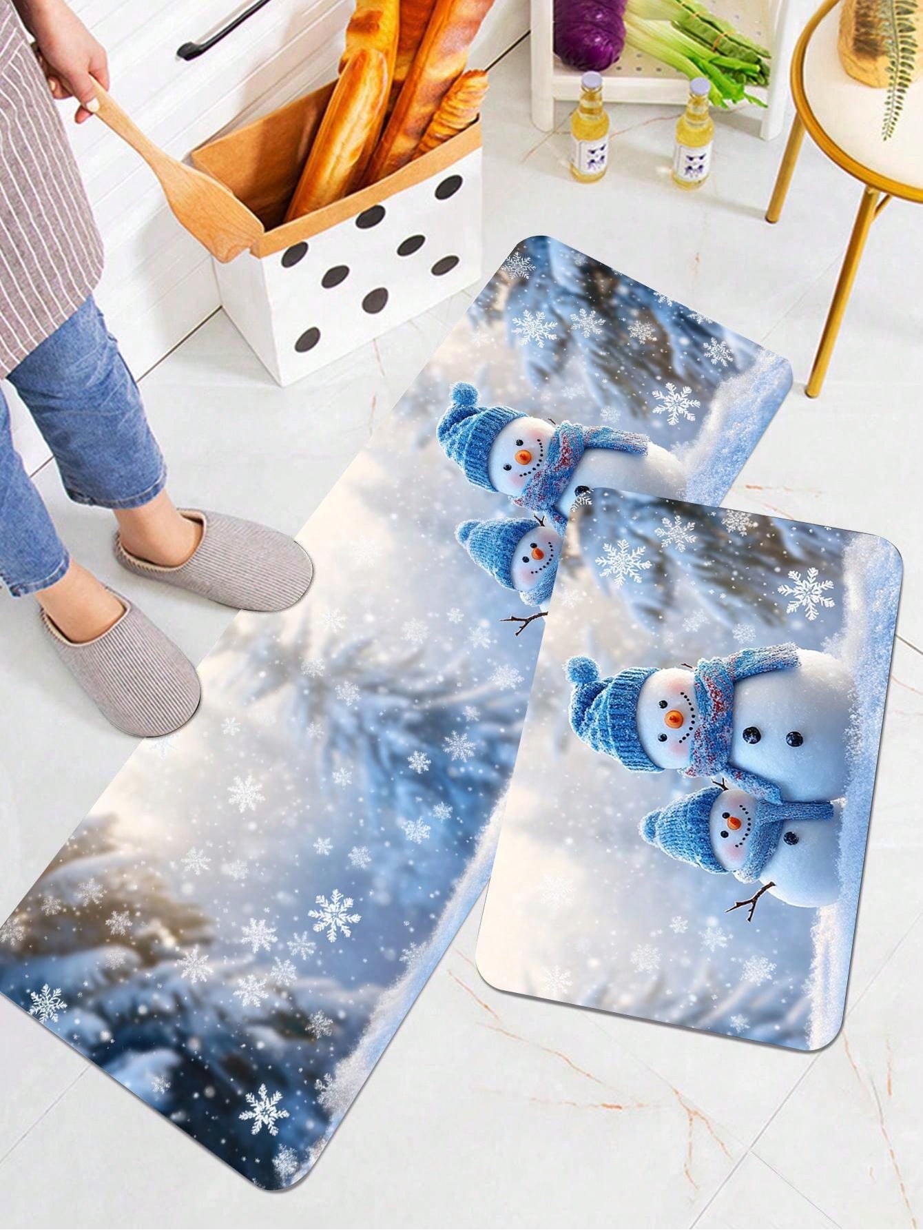 1 Piece Of Christmas Printed Kitchen Carpet - Non Slip, Durable, Machine Washable Entrance Mat, Suitable For Homes, Offices, Laundry Rooms - Quick Drying, Comfortable Stand Design, Made Of Thick Flannel Material Baby Blue