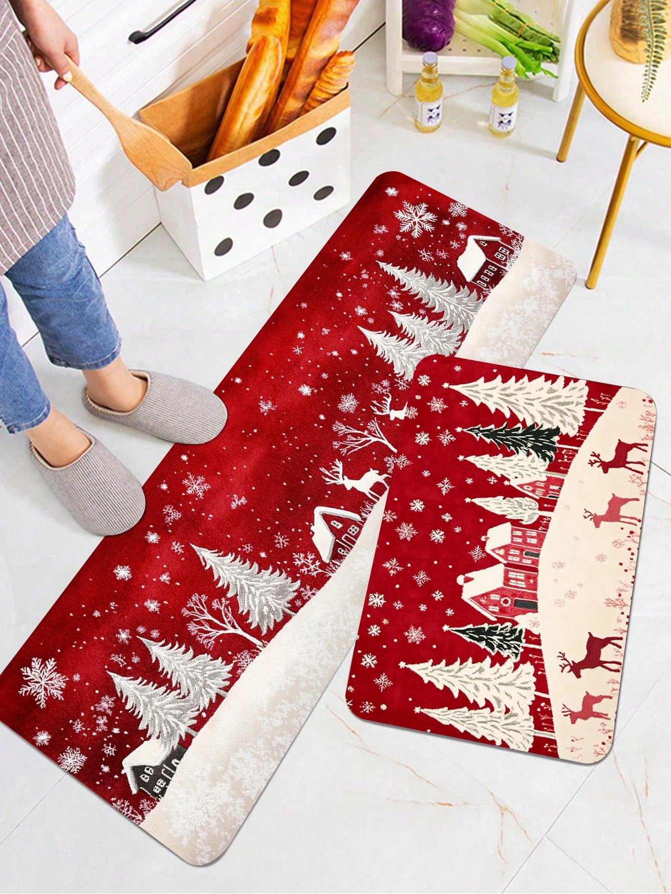 1 Piece Of Christmas Printed Kitchen Carpet - Non Slip, Durable, Machine Washable Entrance Mat, Suitable For Homes, Offices, Laundry Rooms - Quick Drying, Comfortable Stand Design, Made Of Thick Flannel Material White